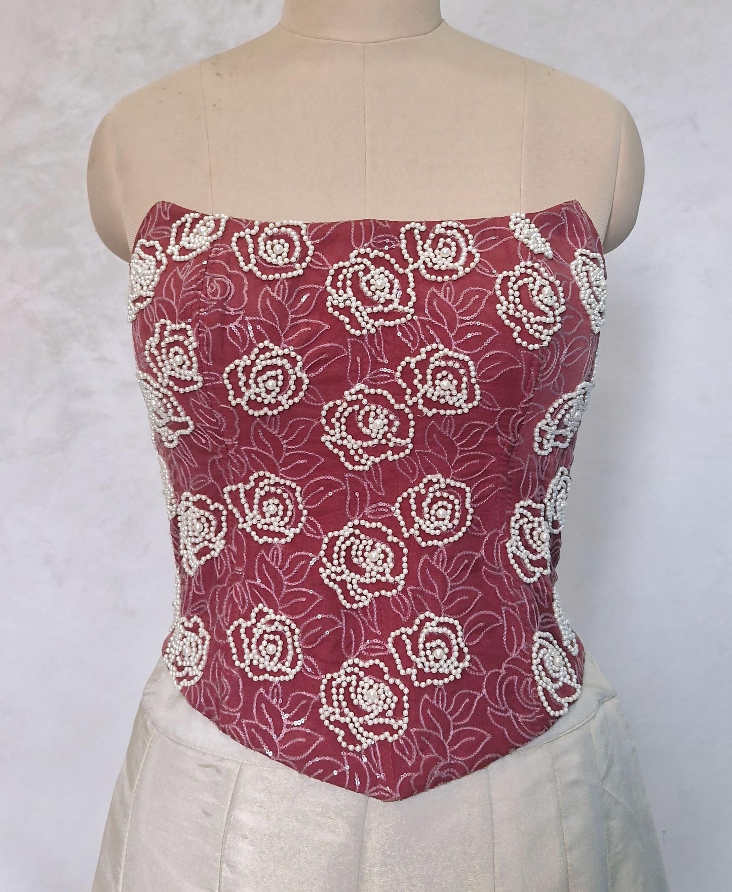 Dusty Rose Hand Embroidered Organza Corset Blouse Strapless DVCB_016