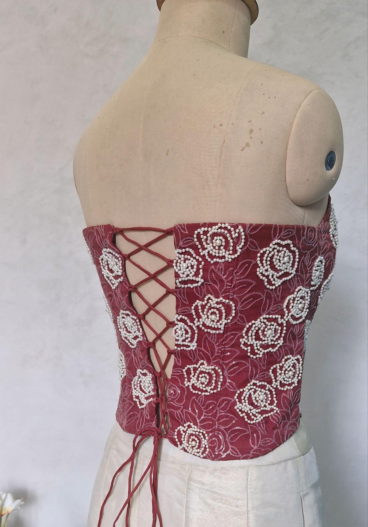 Dusty Rose Hand Embroidered Organza Corset Blouse Strapless DVCB_016