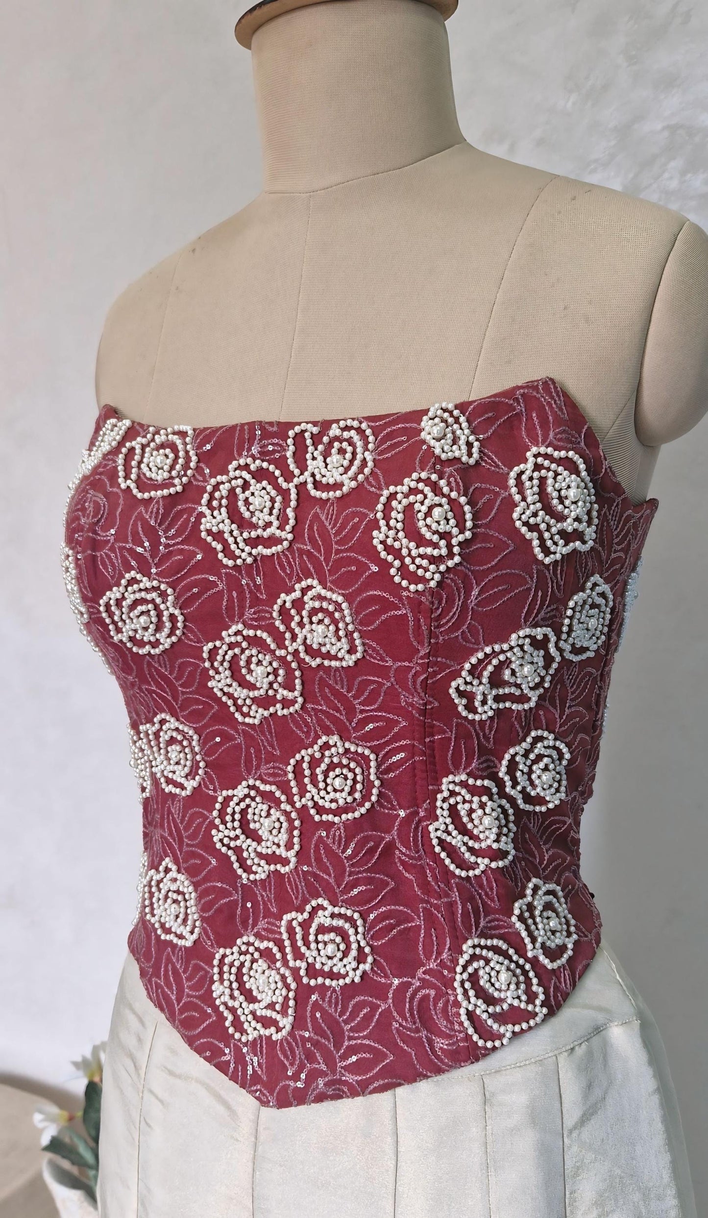 Dusty Rose Hand Embroidered Organza Corset Blouse Strapless DVCB_016