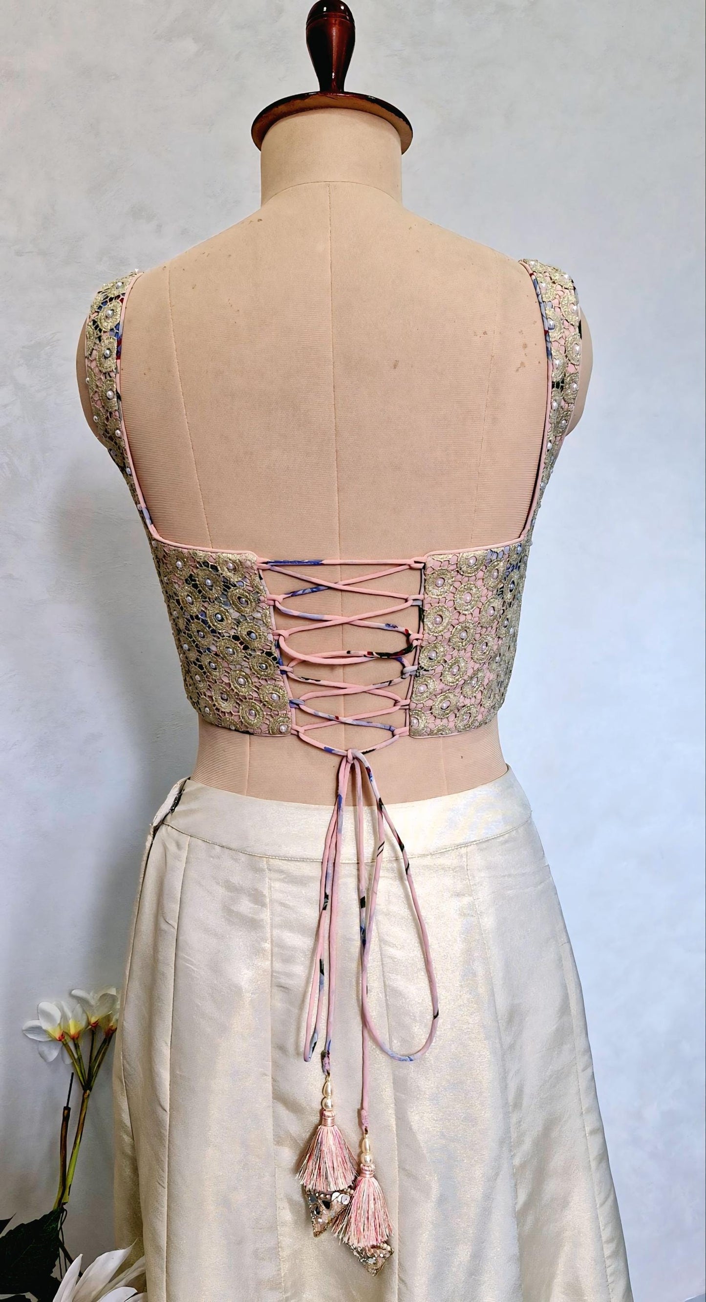 Peach Gold Hand Embroidered Georgette Corset Blouse Sleeveless DVCB_015
