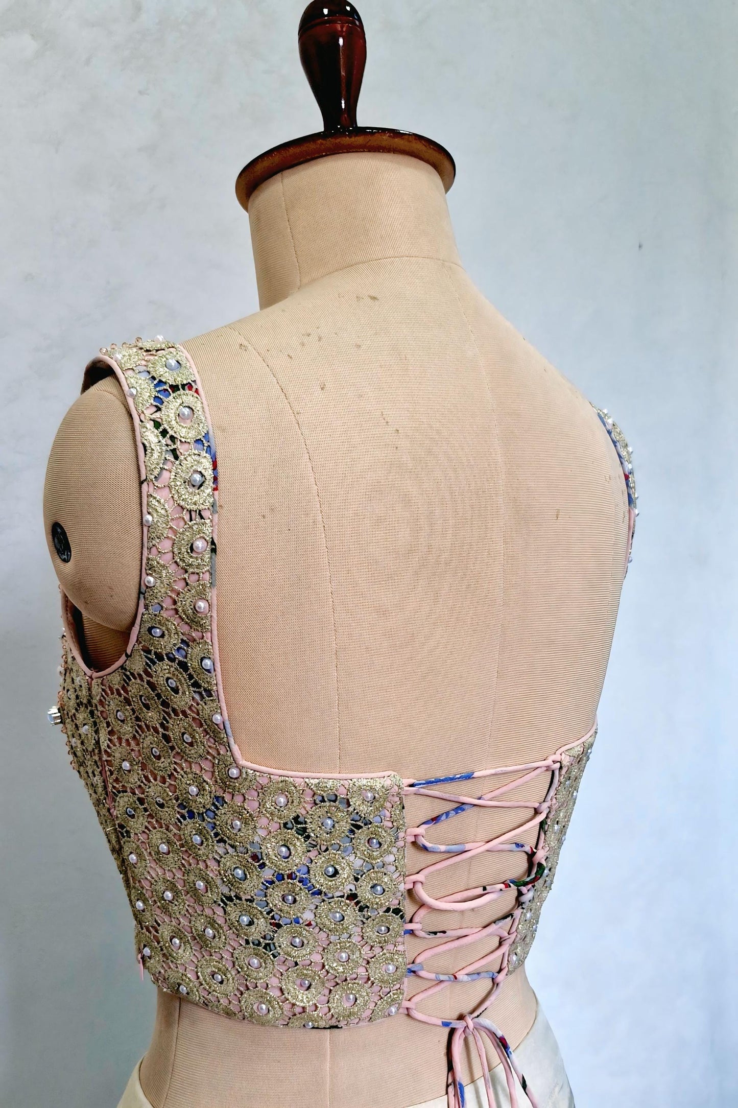 Peach Gold Hand Embroidered Georgette Corset Blouse Sleeveless DVCB_015