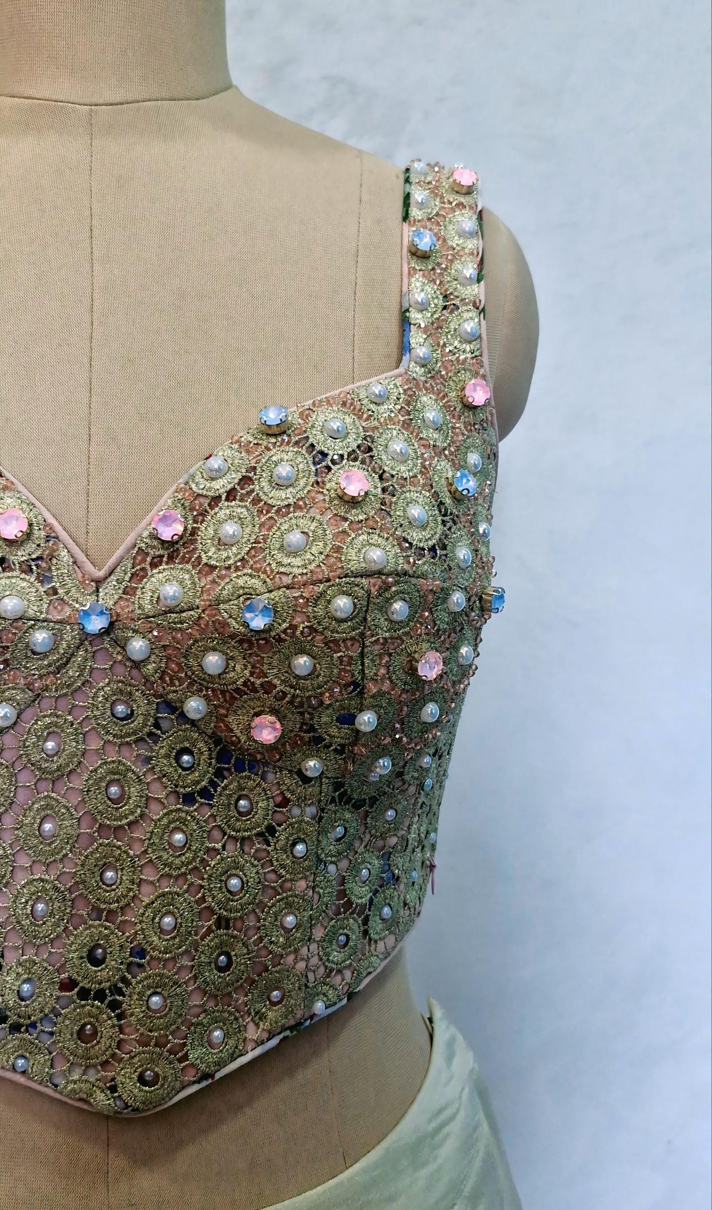 Peach Gold Hand Embroidered Georgette Corset Blouse Sleeveless DVCB_015