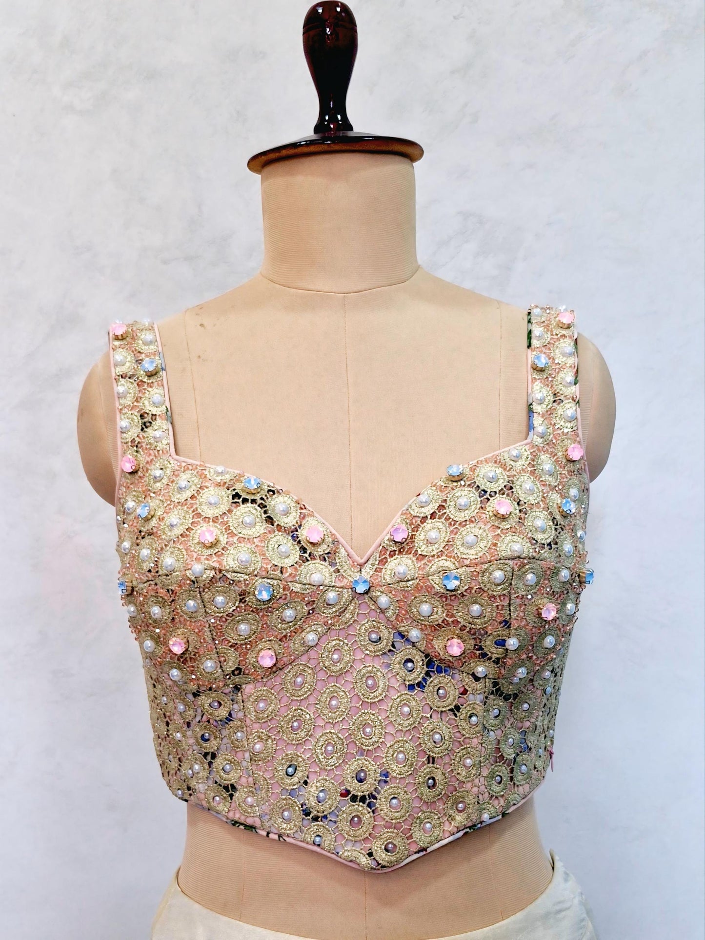 Peach Gold Hand Embroidered Georgette Corset Blouse Sleeveless DVCB_015