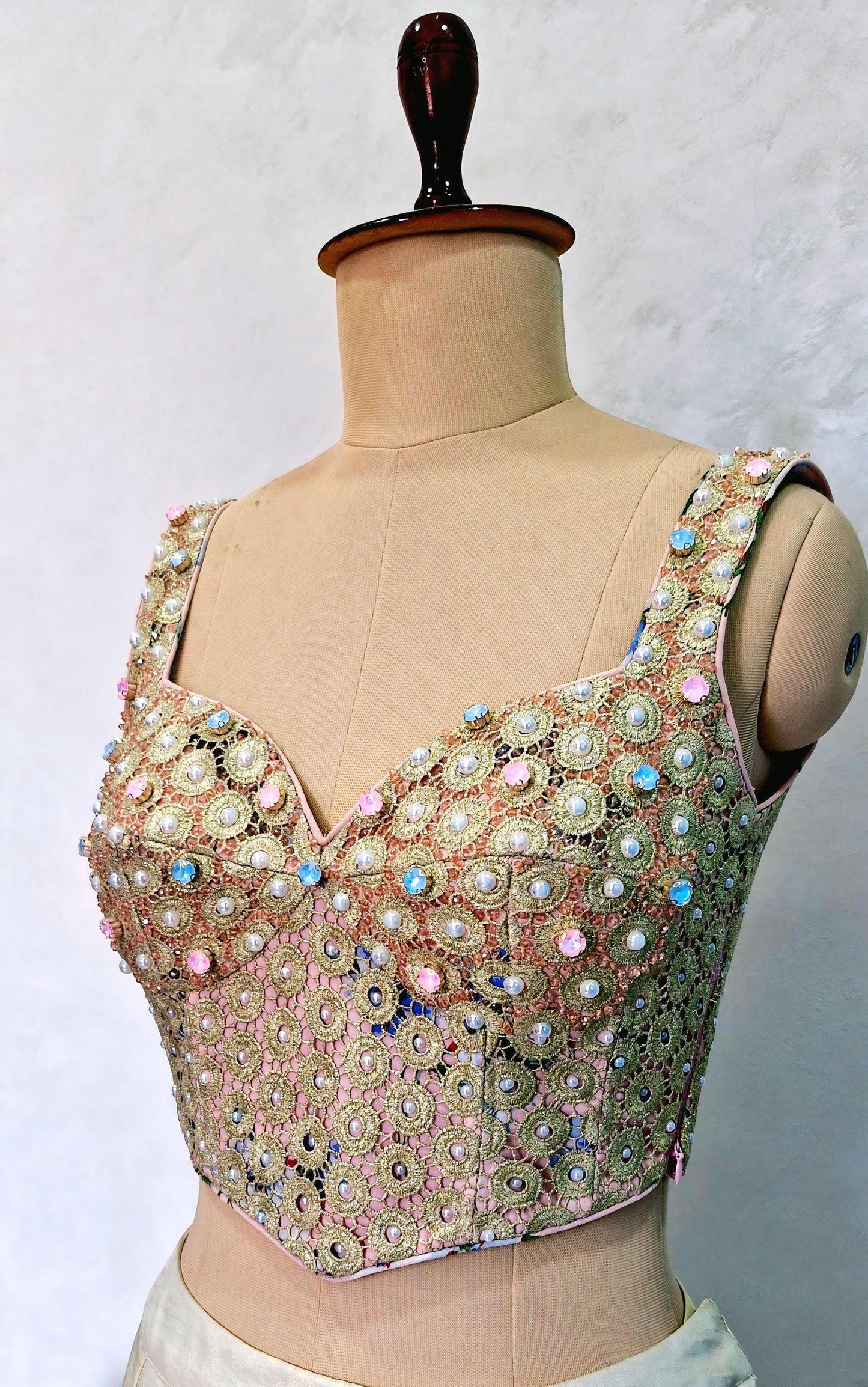 Peach Gold Hand Embroidered Georgette Corset Blouse Sleeveless DVCB_015