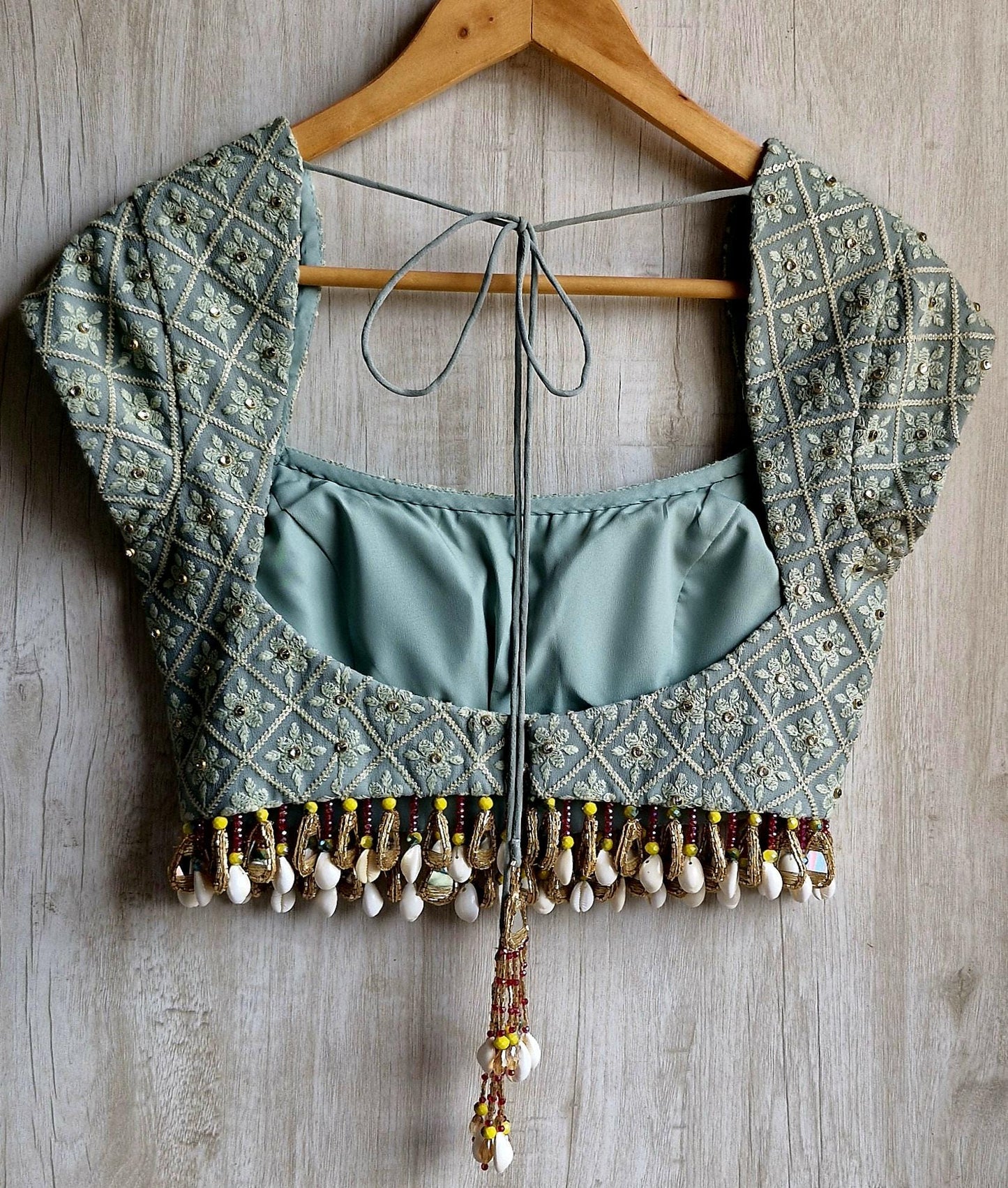 Sage Grey Embroidered Georgette Saree Blouse, Beads Fringes, Cap Sleeves DVBL_493