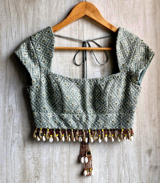Sage Grey Embroidered Georgette Saree Blouse, Beads Fringes, Cap Sleeves DVBL_493