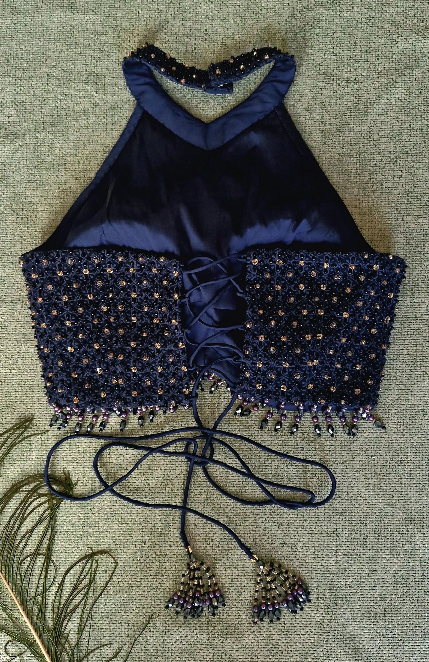 Navy Blue Hand Embroidered Georgette Saree Blouse, Beads Embellished, Halter Neck DVBL_501