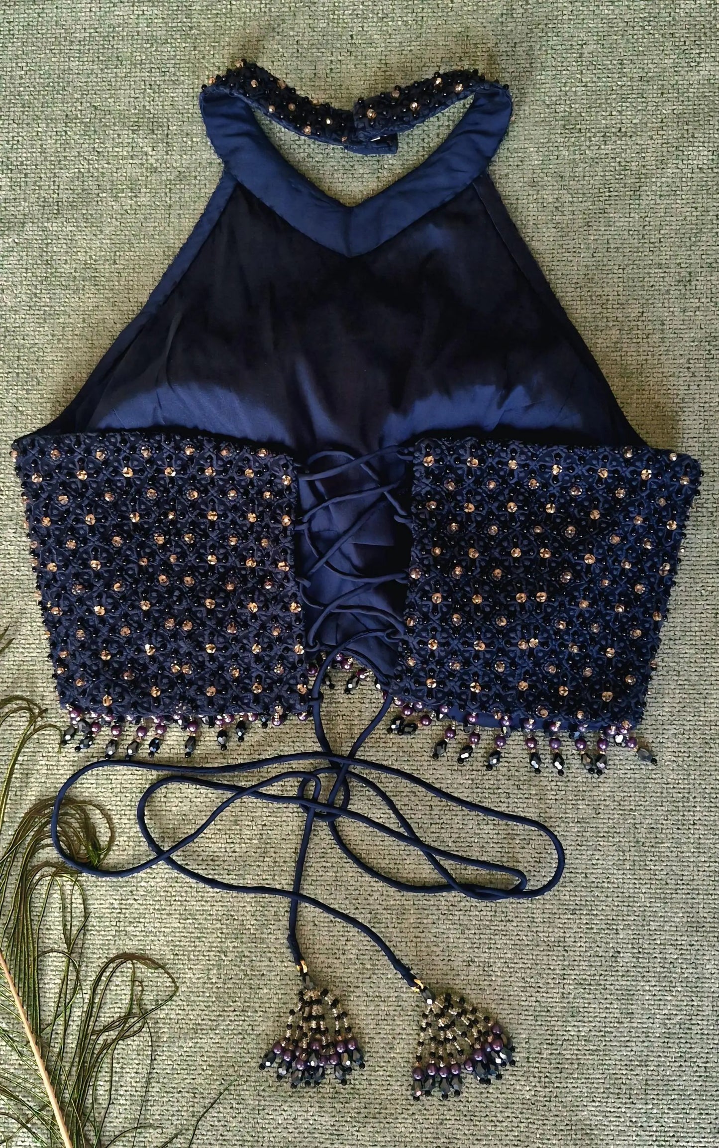 Navy Blue Hand Embroidered Georgette Saree Blouse, Beads Embellished, Halter Neck DVBL_501
