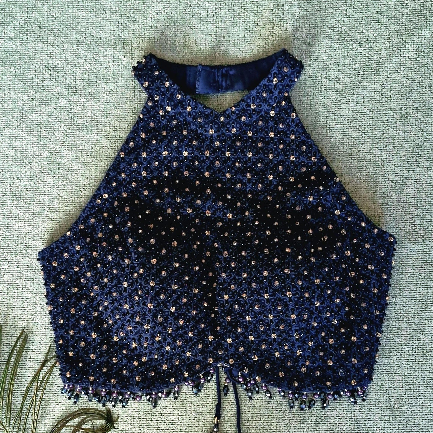 Navy Blue Hand Embroidered Georgette Saree Blouse, Beads Embellished, Halter Neck DVBL_501