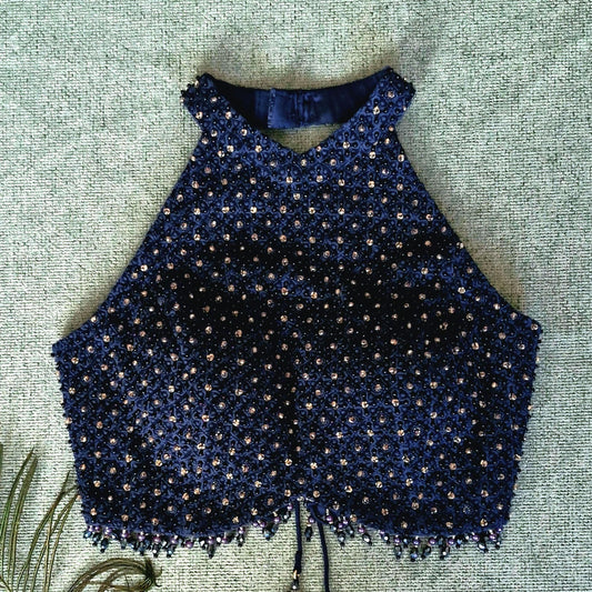 Navy Blue Hand Embroidered Georgette Saree Blouse, Beads Embellished, Halter Neck DVBL_501