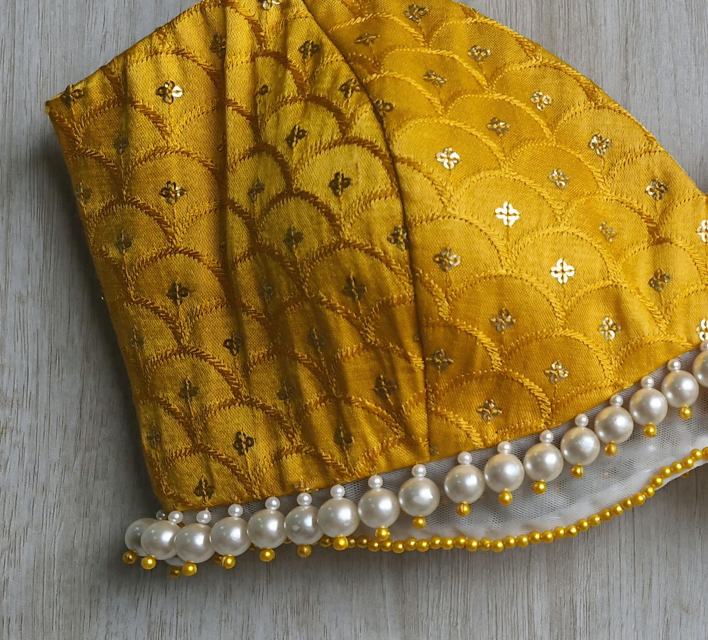 Mustard Embroidered Silk Saree Blouse, Pearl Fringes Spaghetti Bralette DVBL_494