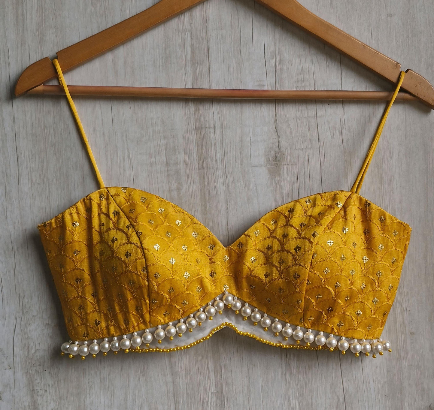 Mustard Embroidered Silk Saree Blouse, Pearl Fringes Spaghetti Bralette DVBL_494