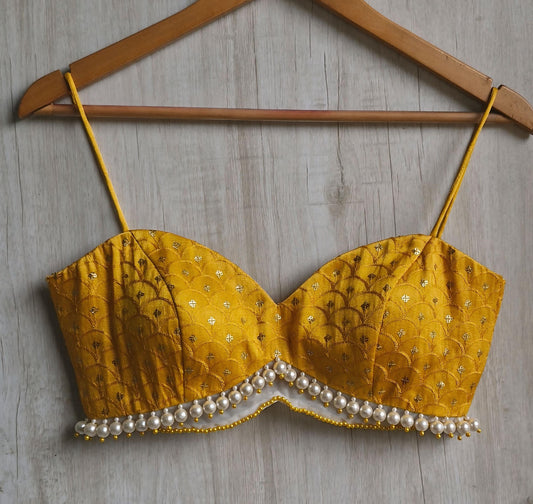 Mustard Embroidered Silk Saree Blouse, Pearl Fringes Spaghetti Bralette DVBL_494