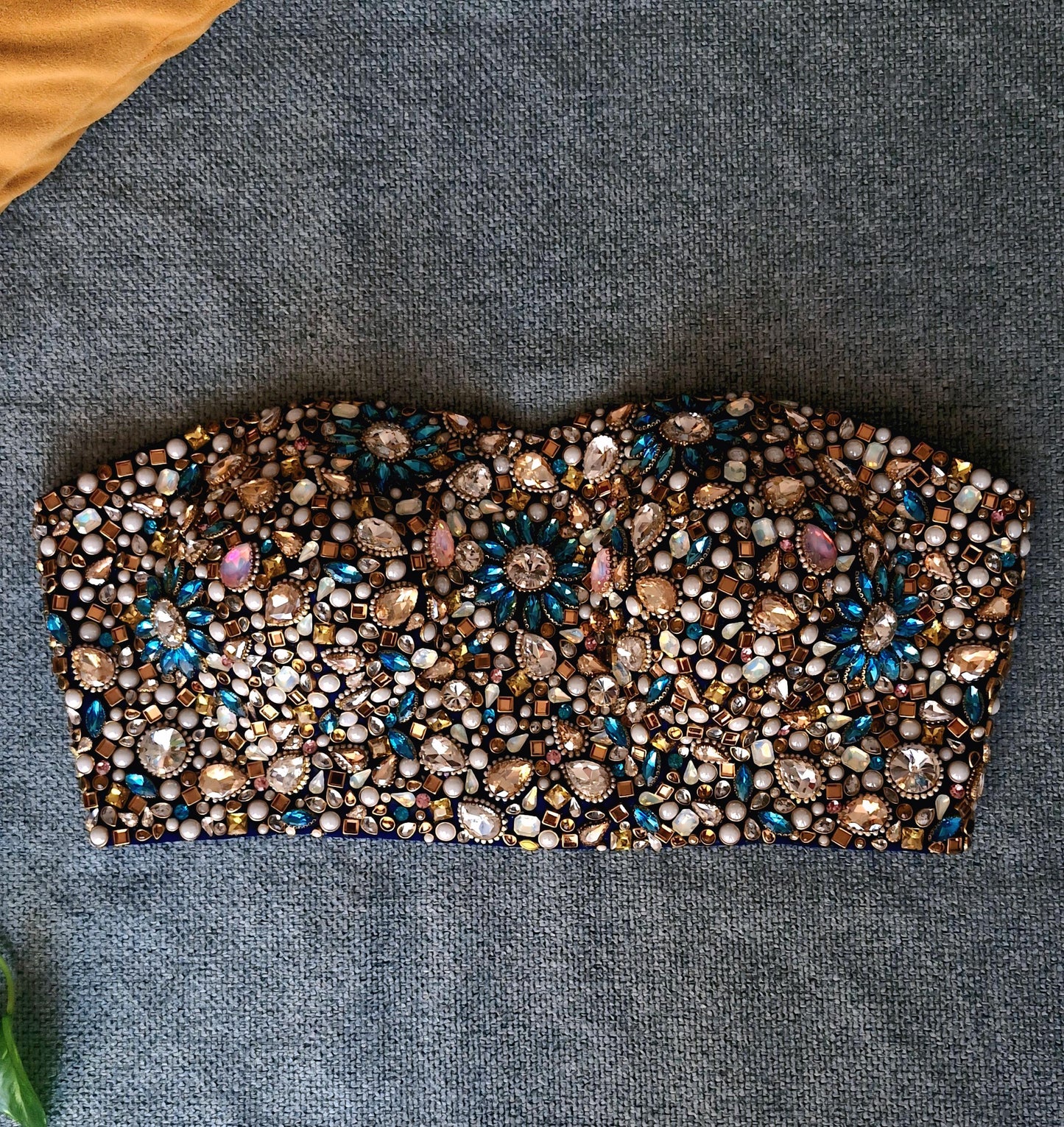 Hand Embroidered Bejeweled Blouse, Kundan Embellished. Blue, Strapless Bralette DVBL_502