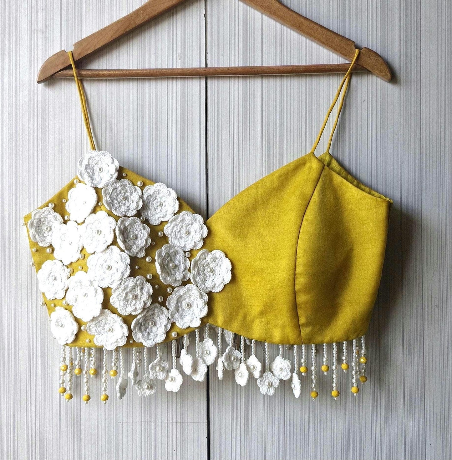 Mustard Embroidered Organza Saree Blouse, Crotchet Flowers Fringes Spaghetti DVBL_497