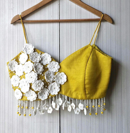 Mustard Embroidered Organza Saree Blouse, Crotchet Flowers Fringes Spaghetti DVBL_497