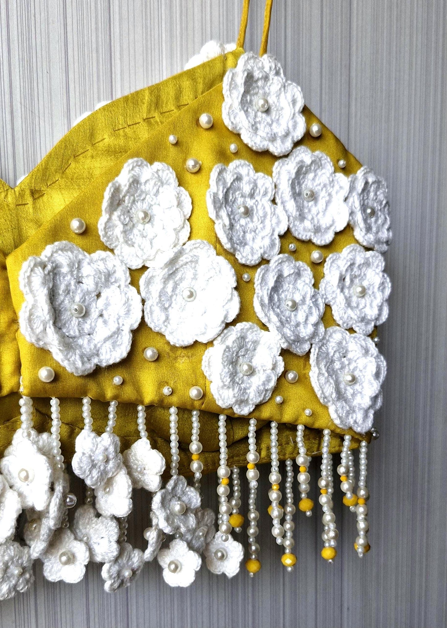 Mustard Embroidered Organza Saree Blouse, Crotchet Flowers Fringes Spaghetti DVBL_497
