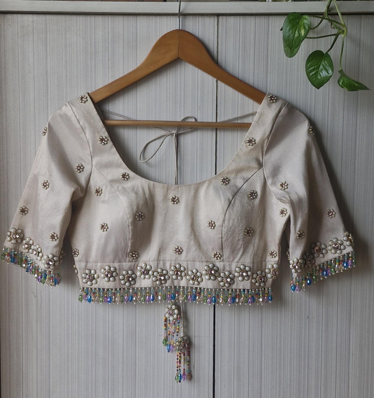 Hand Embroidered Ivory Bejeweled Blouse, Kundan and Beads Embellished, Elbow Sleeves DVBL_503