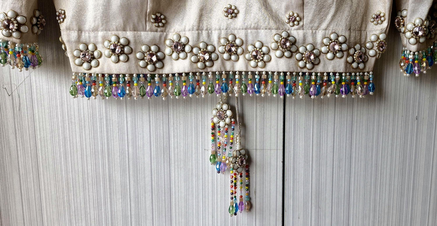 Hand Embroidered Ivory Bejeweled Blouse, Kundan and Beads Embellished, Elbow Sleeves DVBL_503
