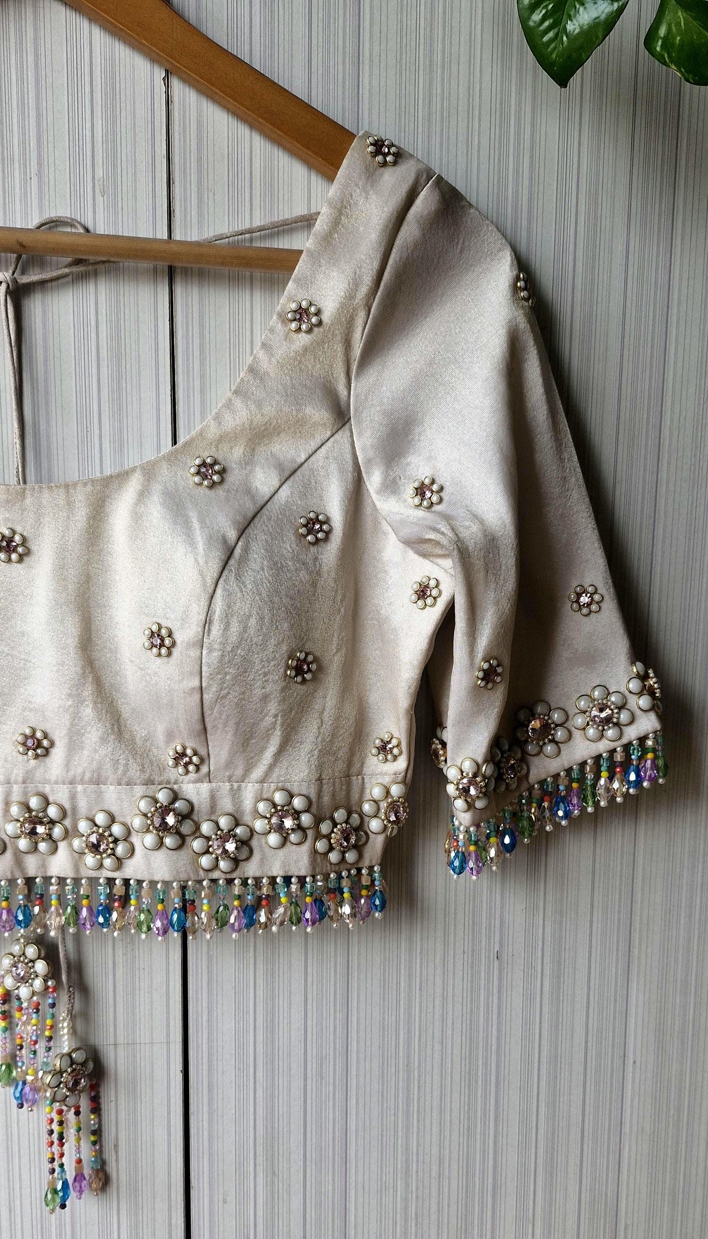 Hand Embroidered Ivory Bejeweled Blouse, Kundan and Beads Embellished, Elbow Sleeves DVBL_503