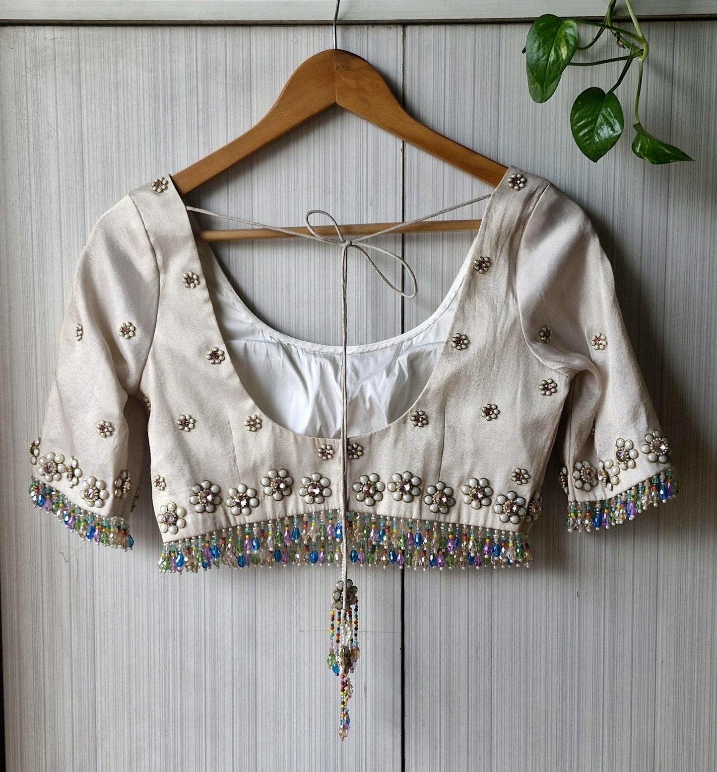 Hand Embroidered Ivory Bejeweled Blouse, Kundan and Beads Embellished, Elbow Sleeves DVBL_503