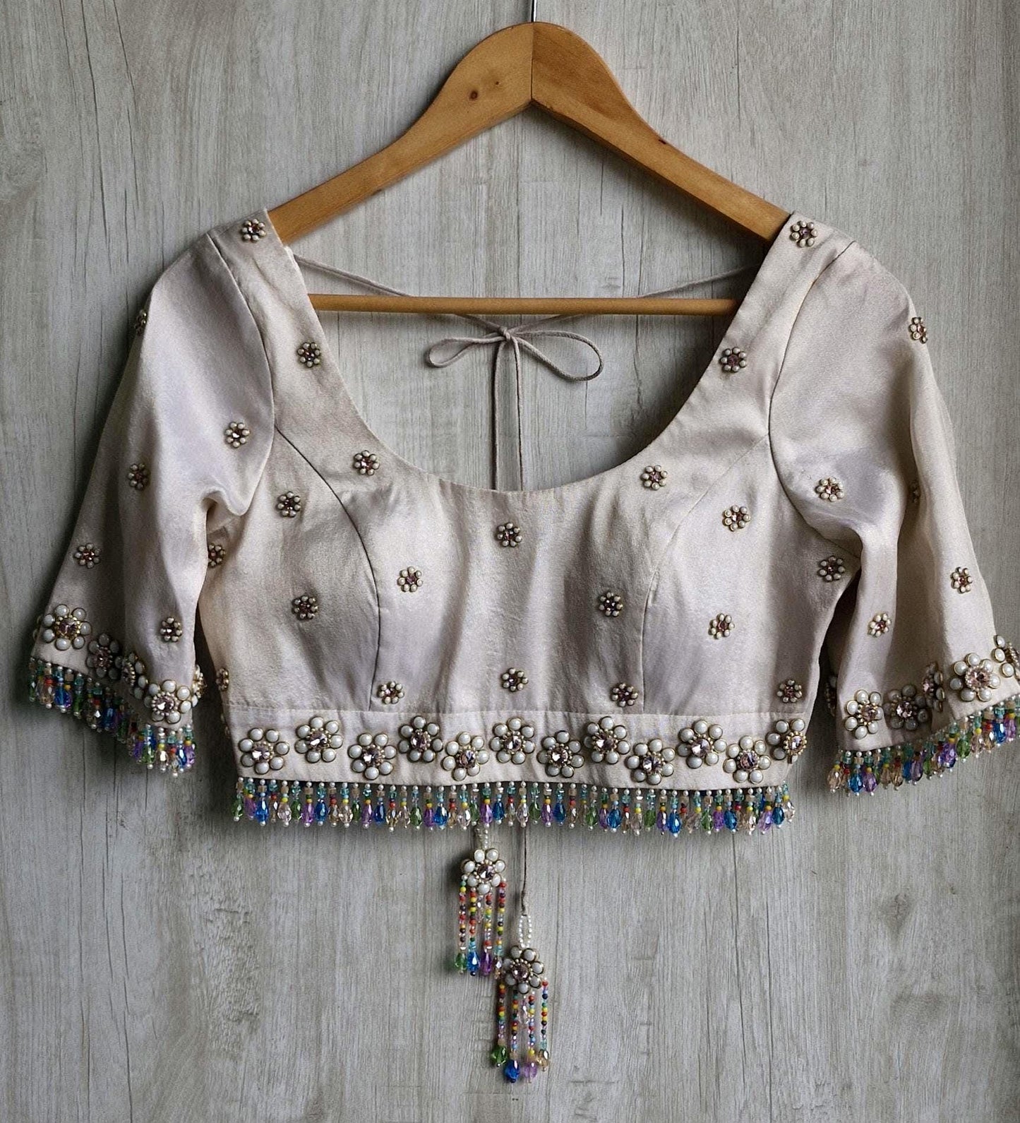 Hand Embroidered Ivory Bejeweled Blouse, Kundan and Beads Embellished, Elbow Sleeves DVBL_503