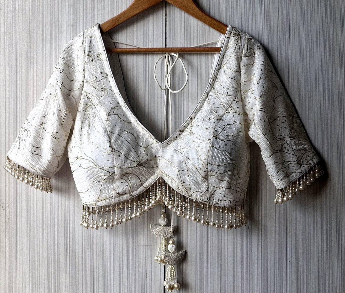 Ivory Embroidered Georgette Saree Blouse, Pearls Fringes, Elbow Sleeves DVBL_498