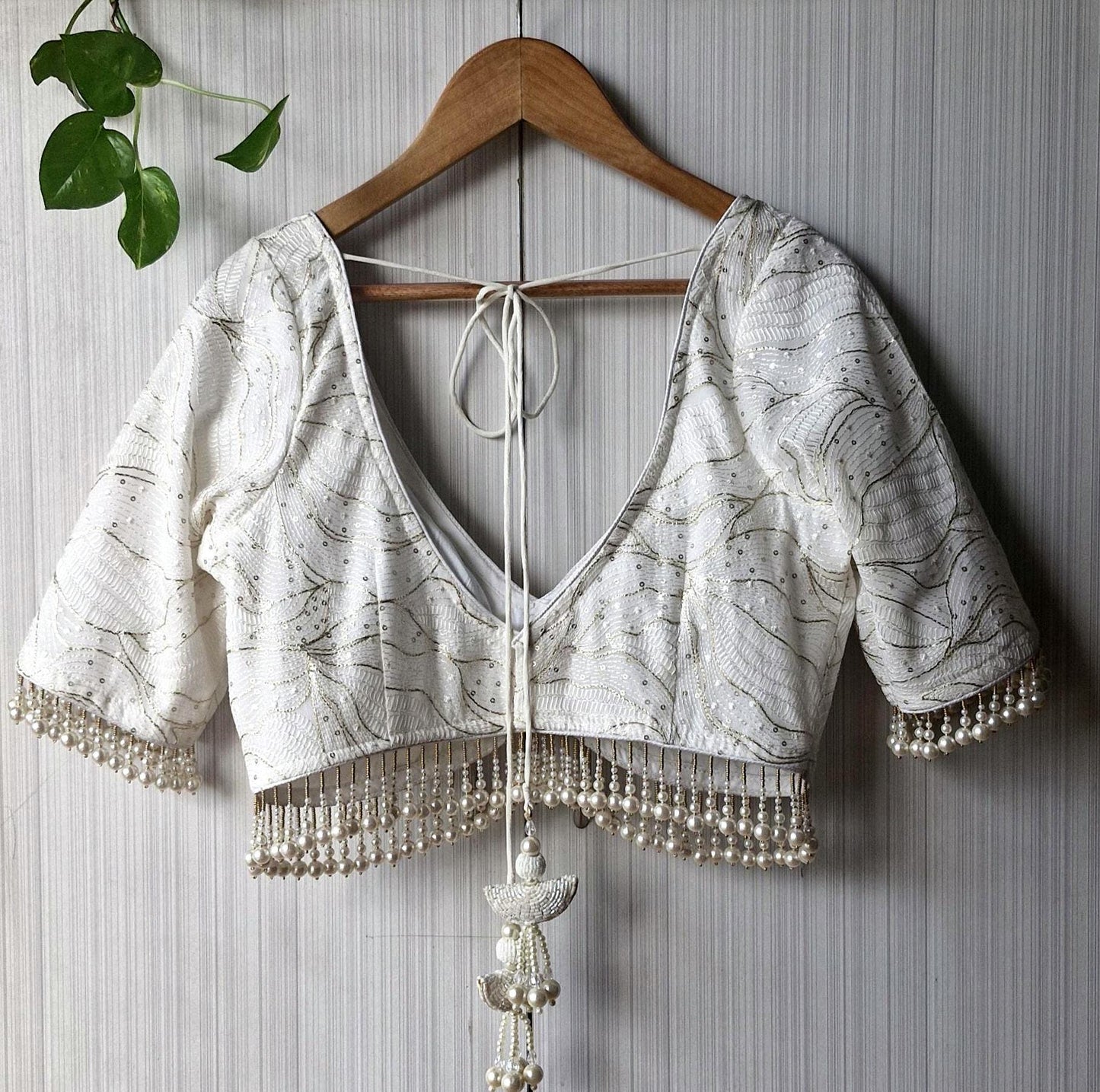 Ivory Embroidered Georgette Saree Blouse, Pearls Fringes, Elbow Sleeves DVBL_498