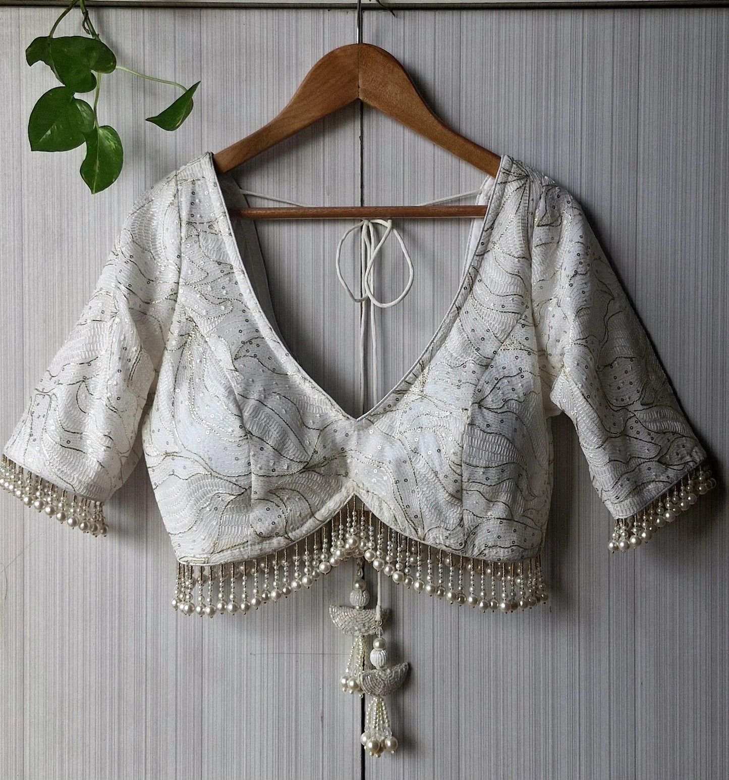 Ivory Embroidered Georgette Saree Blouse, Pearls Fringes, Elbow Sleeves DVBL_498