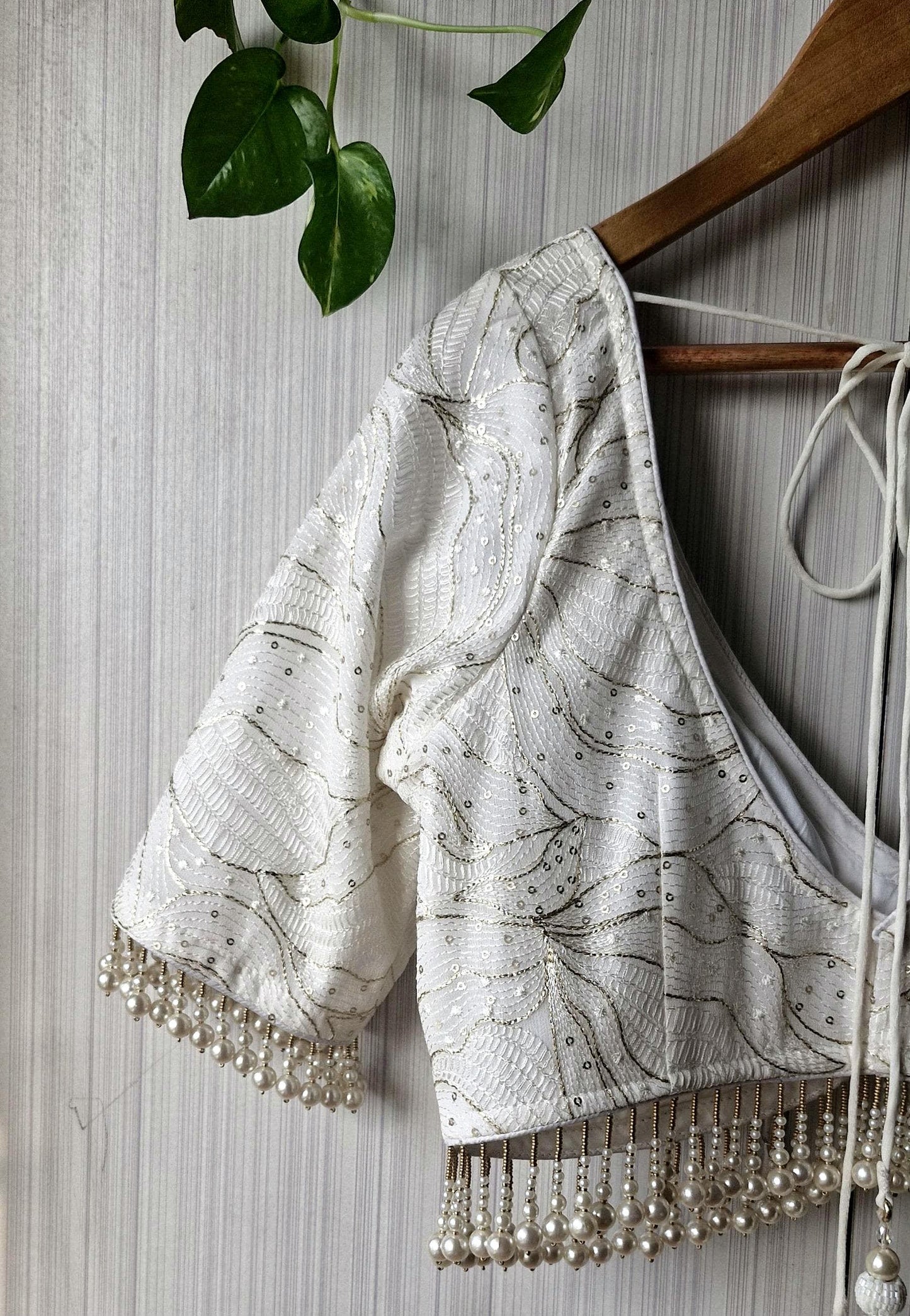 Ivory Embroidered Georgette Saree Blouse, Pearls Fringes, Elbow Sleeves DVBL_498