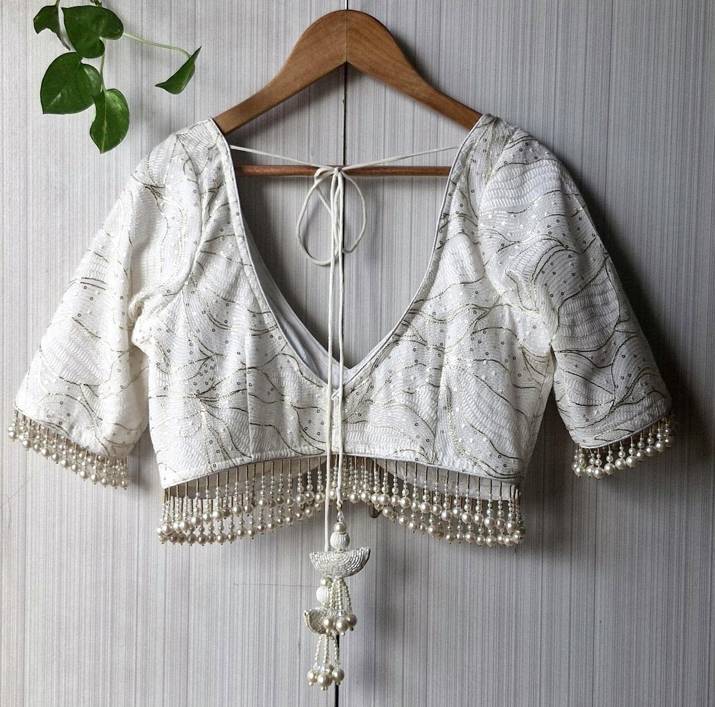 Ivory Embroidered Georgette Saree Blouse, Pearls Fringes, Elbow Sleeves DVBL_498