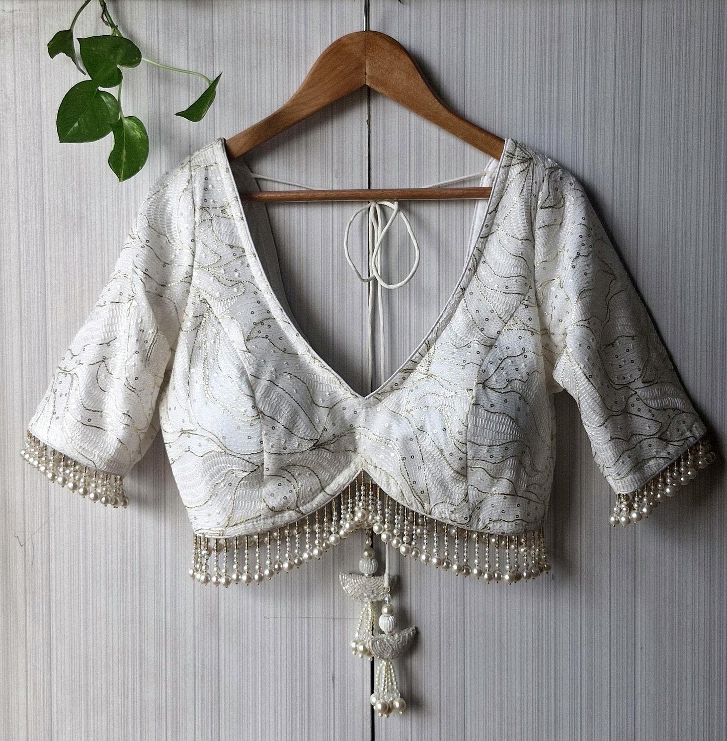 Ivory Embroidered Georgette Saree Blouse, Pearls Fringes, Elbow Sleeves DVBL_498