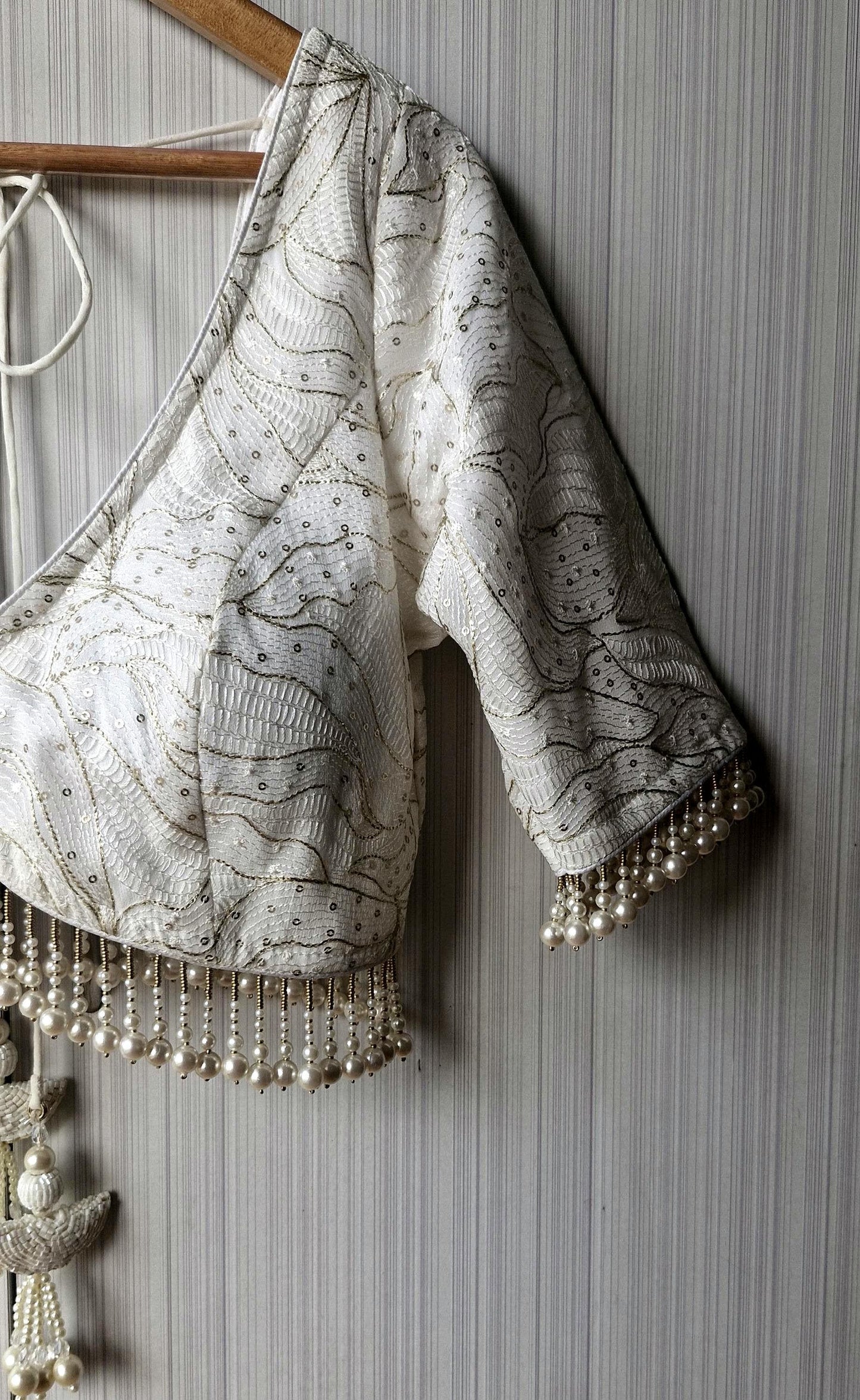 Ivory Embroidered Georgette Saree Blouse, Pearls Fringes, Elbow Sleeves DVBL_498