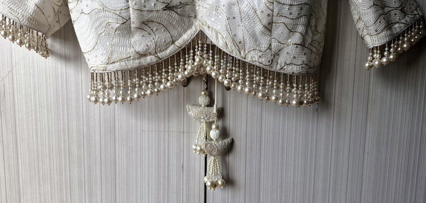 Ivory Embroidered Georgette Saree Blouse, Pearls Fringes, Elbow Sleeves DVBL_498