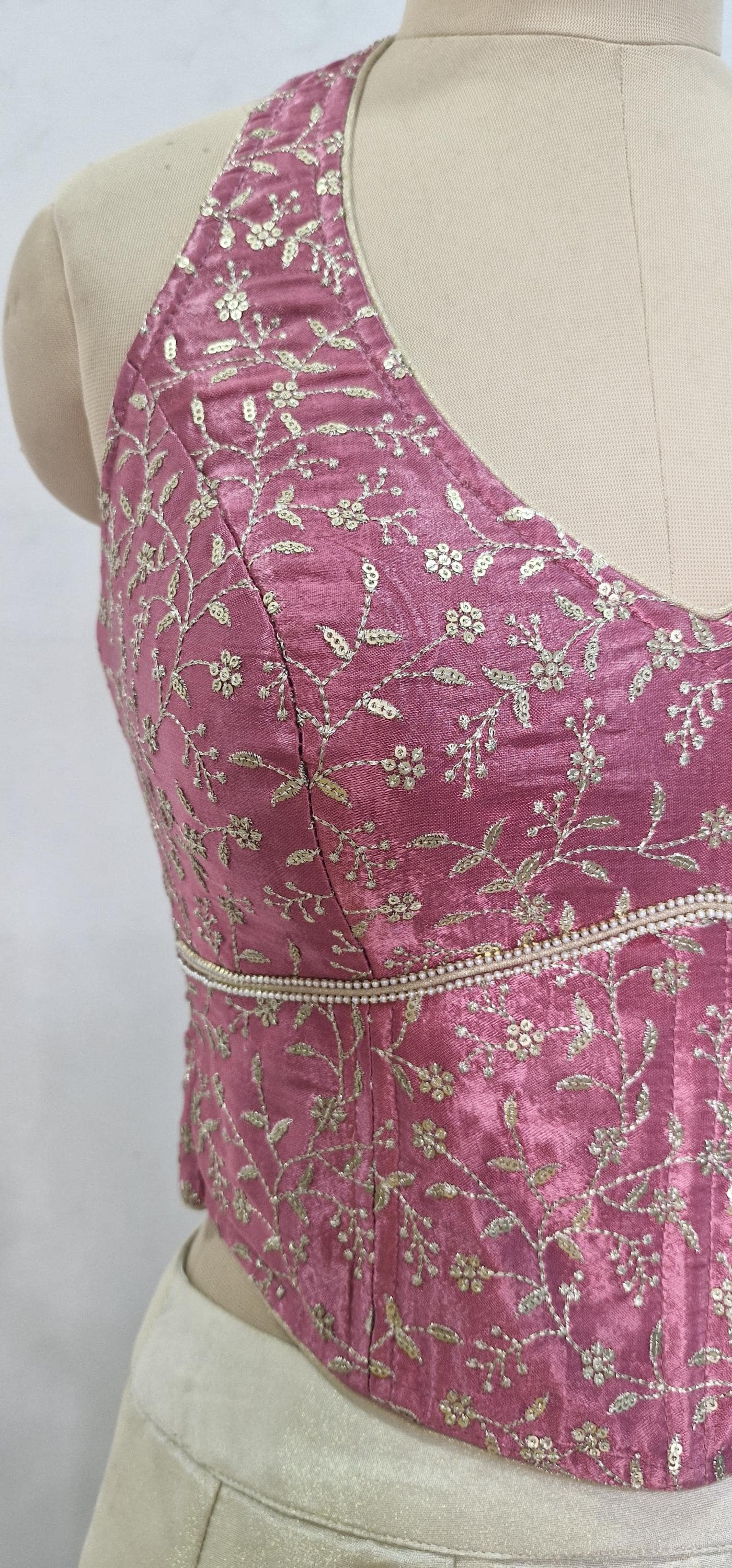 Mauve Rose Pink Embroidered Silk Corset Blouse - Halter Neck DVCB_017