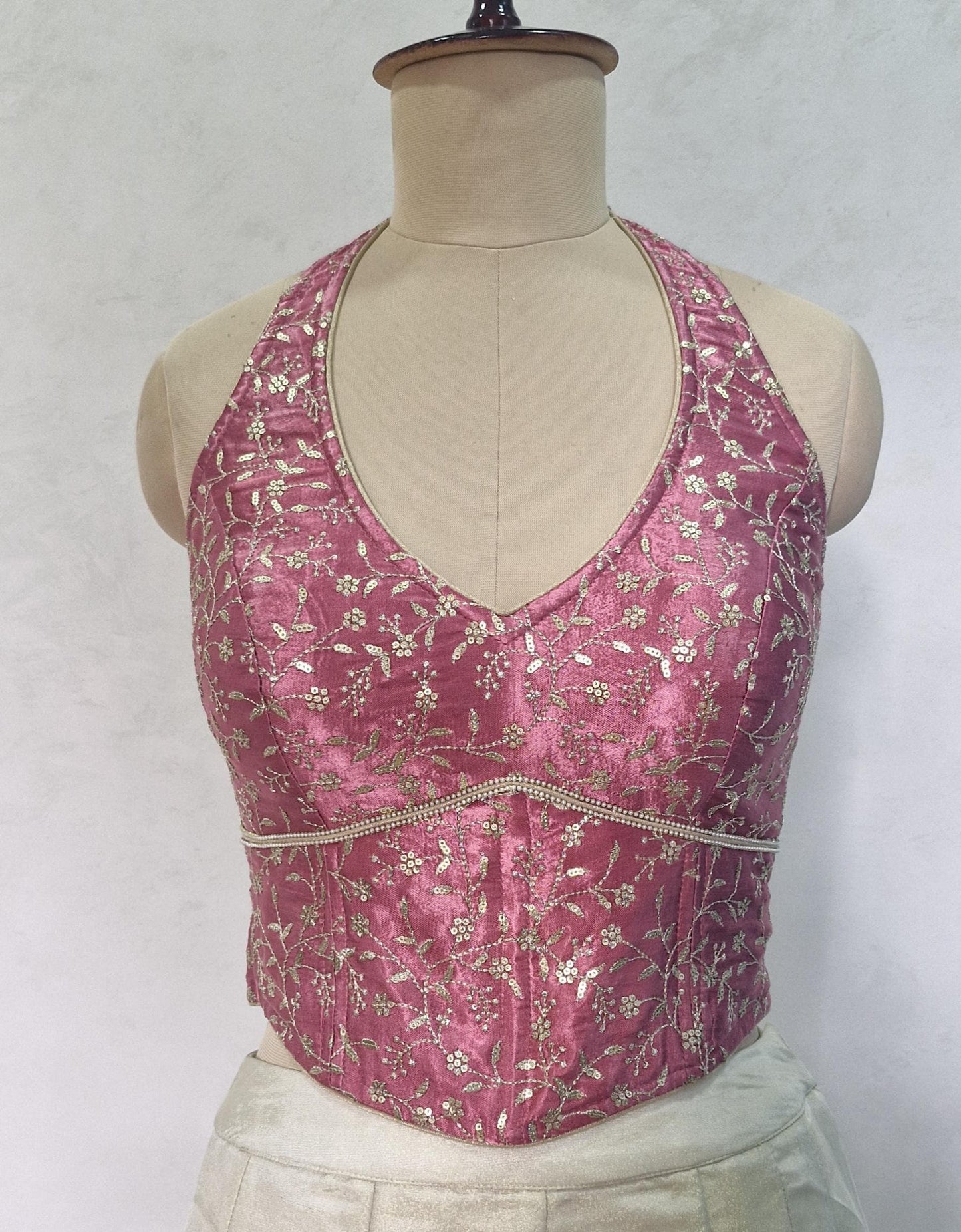 Mauve Rose Pink Embroidered Silk Corset Blouse - Halter Neck DVCB_017