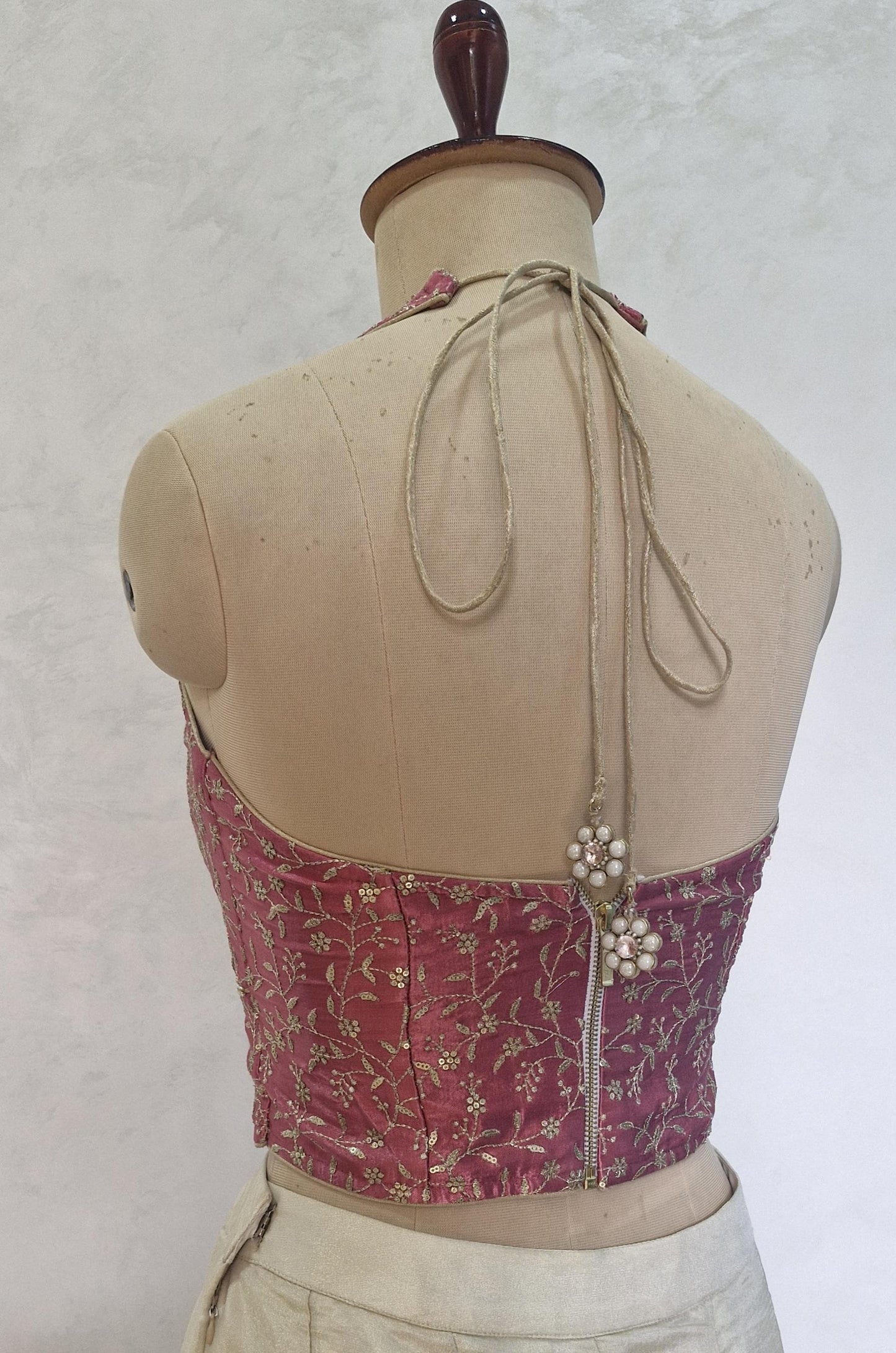 Mauve Rose Pink Embroidered Silk Corset Blouse - Halter Neck DVCB_017