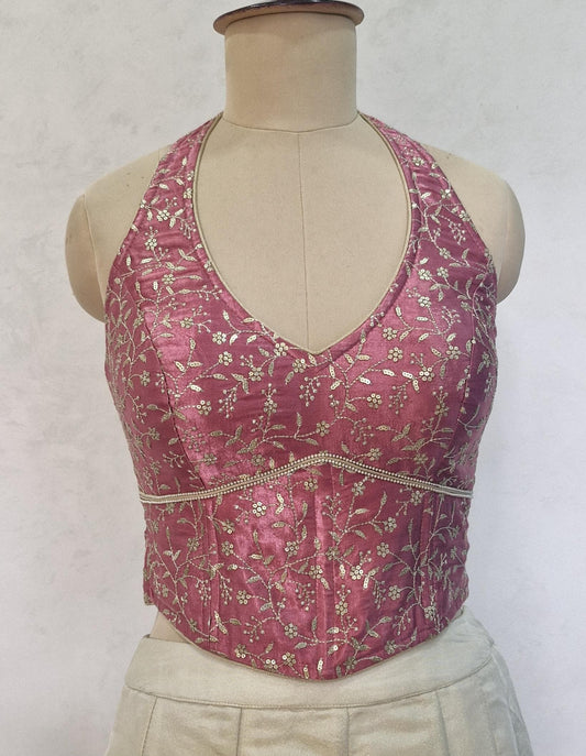 Mauve Rose Pink Embroidered Silk Corset Blouse - Halter Neck DVCB_017
