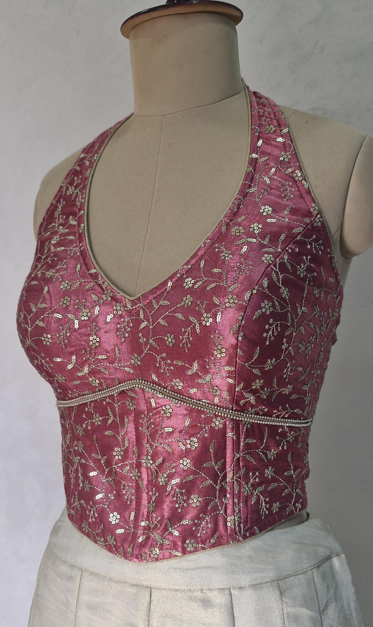Mauve Rose Pink Embroidered Silk Corset Blouse - Halter Neck DVCB_017