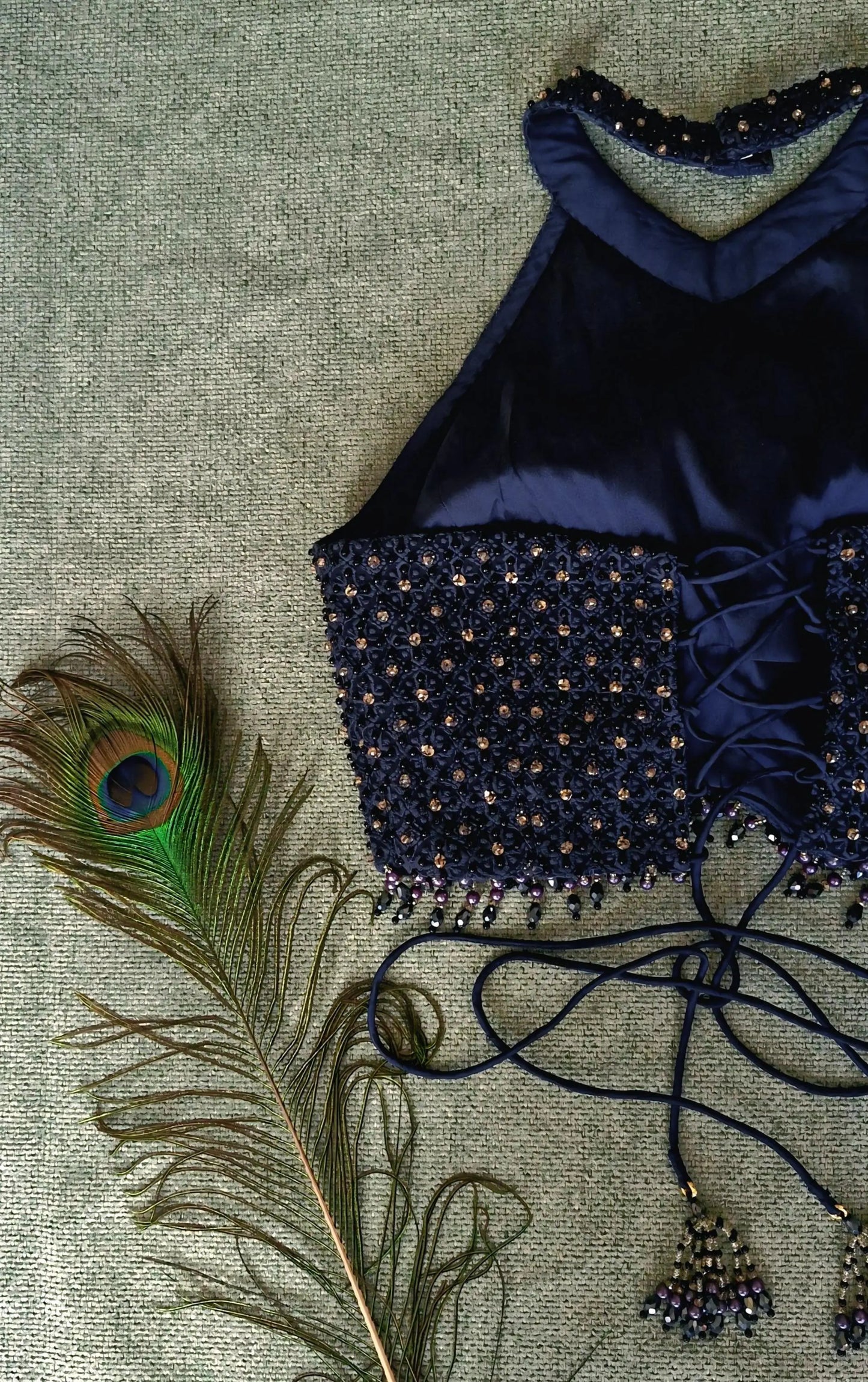 Navy Blue Hand Embroidered Georgette Saree Blouse, Beads Embellished, Halter Neck DVBL_501