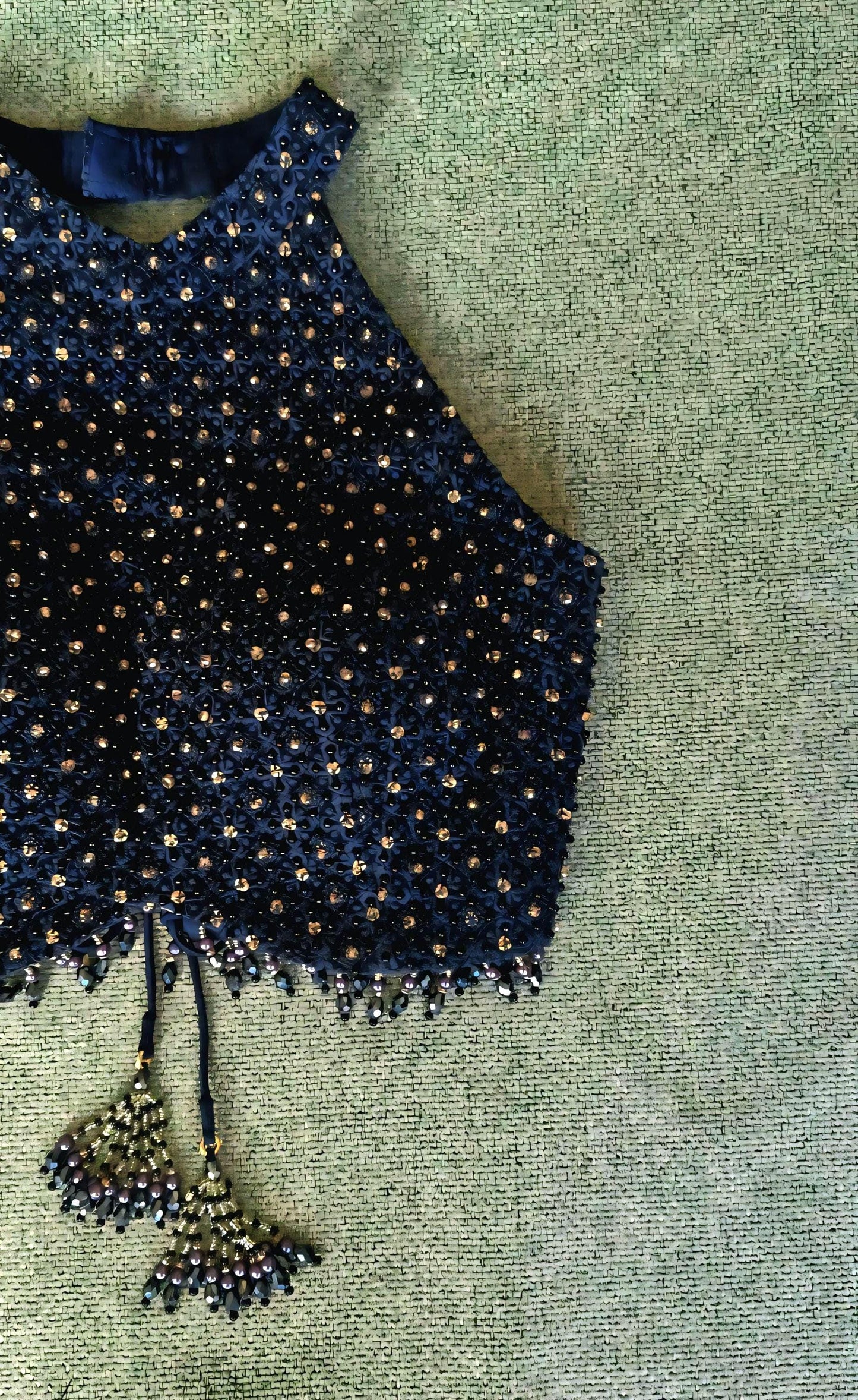 Navy Blue Hand Embroidered Georgette Saree Blouse, Beads Embellished, Halter Neck DVBL_501