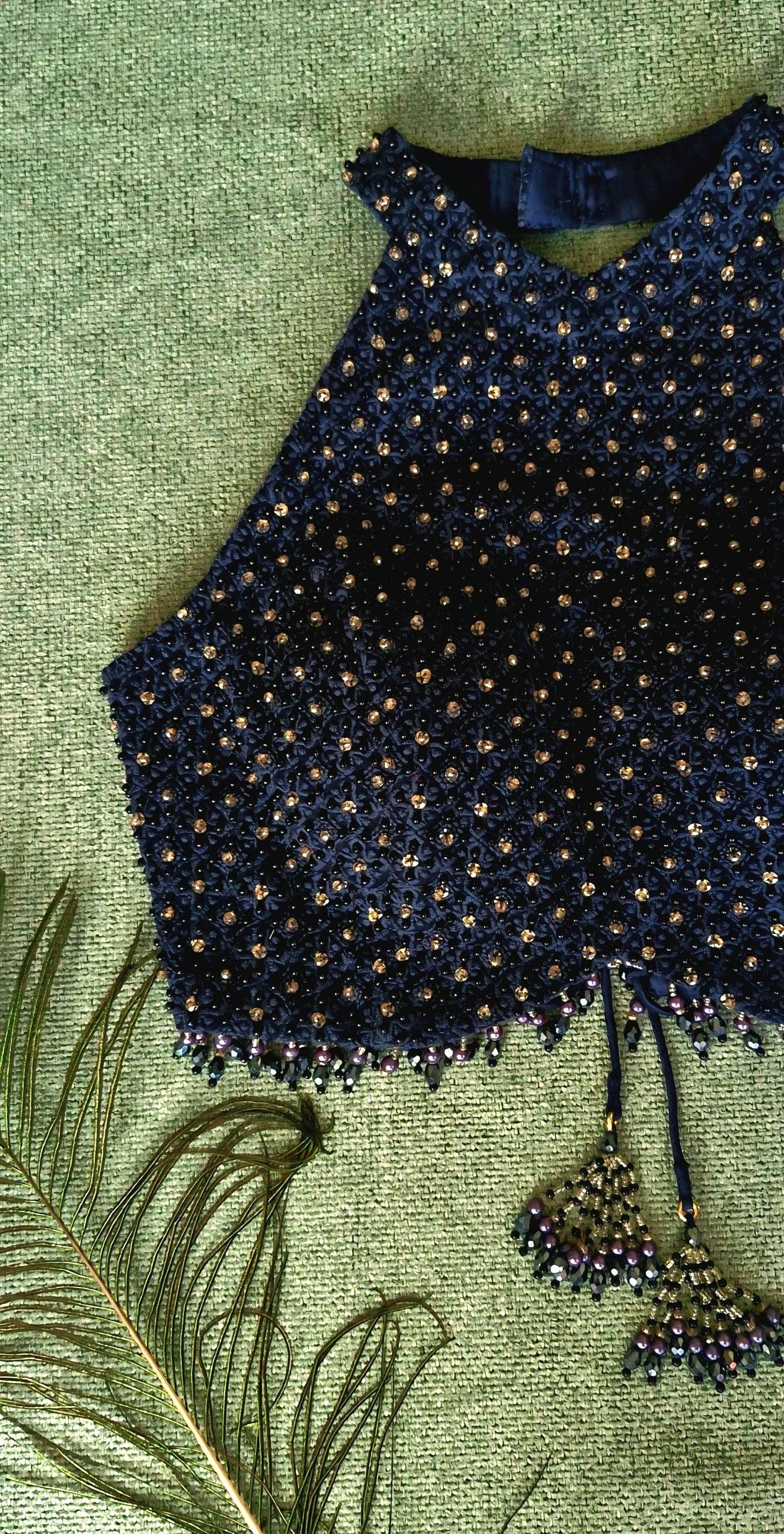 Navy Blue Hand Embroidered Georgette Saree Blouse, Beads Embellished, Halter Neck DVBL_501