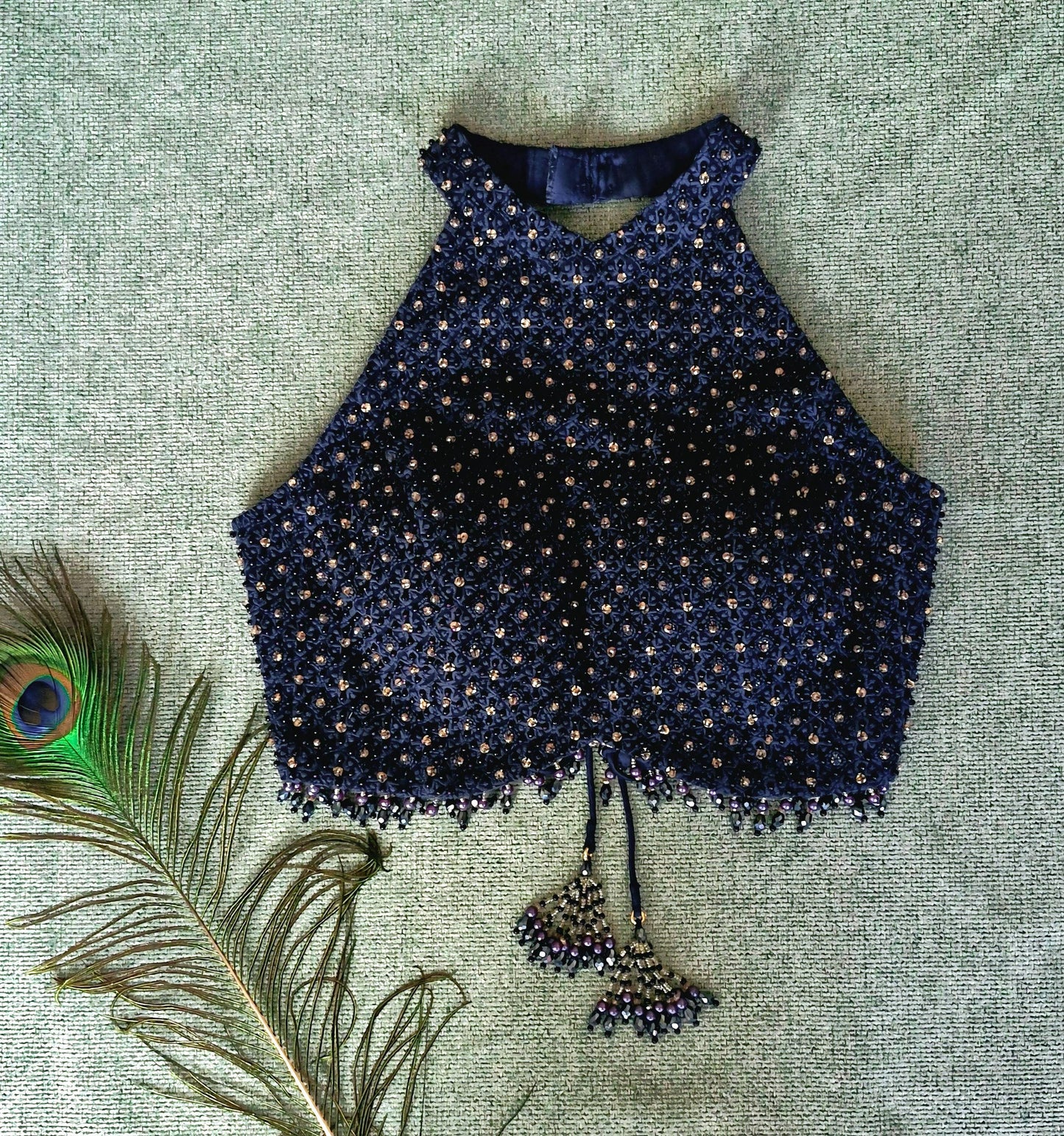 Navy Blue Hand Embroidered Georgette Saree Blouse, Beads Embellished, Halter Neck DVBL_501