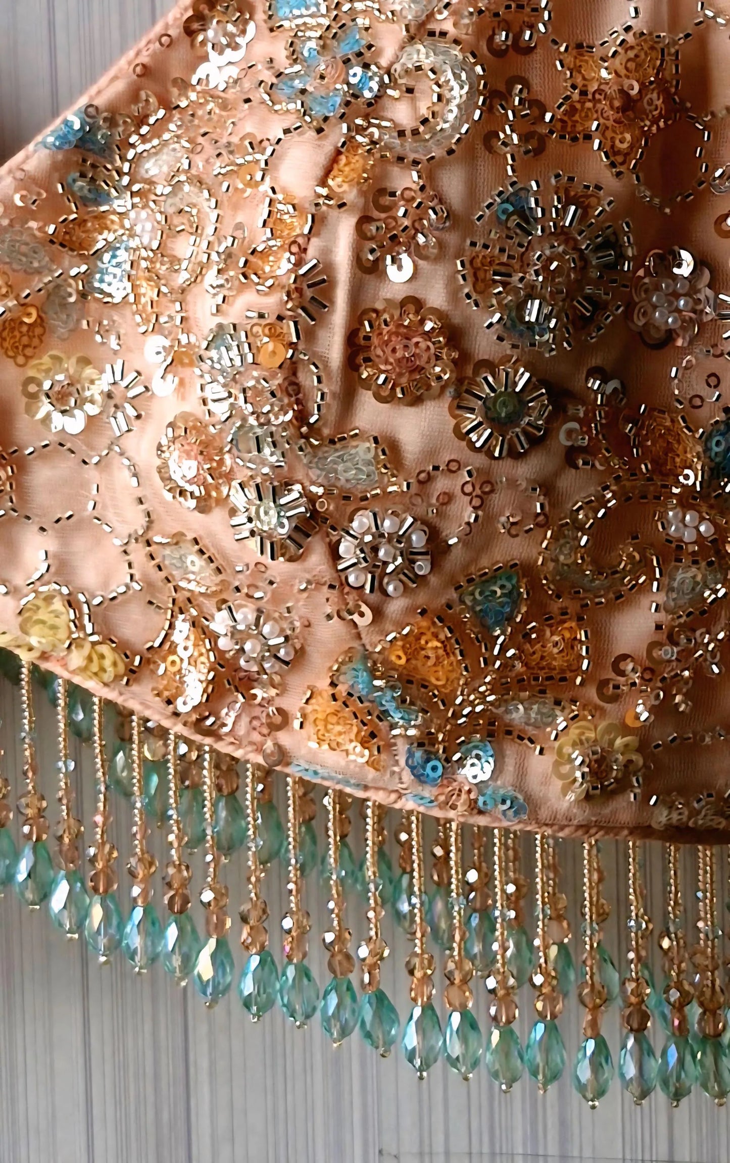 Peach Embroidered Net Saree Blouse, Beads Fringes, Deep V Neck DVBL_504