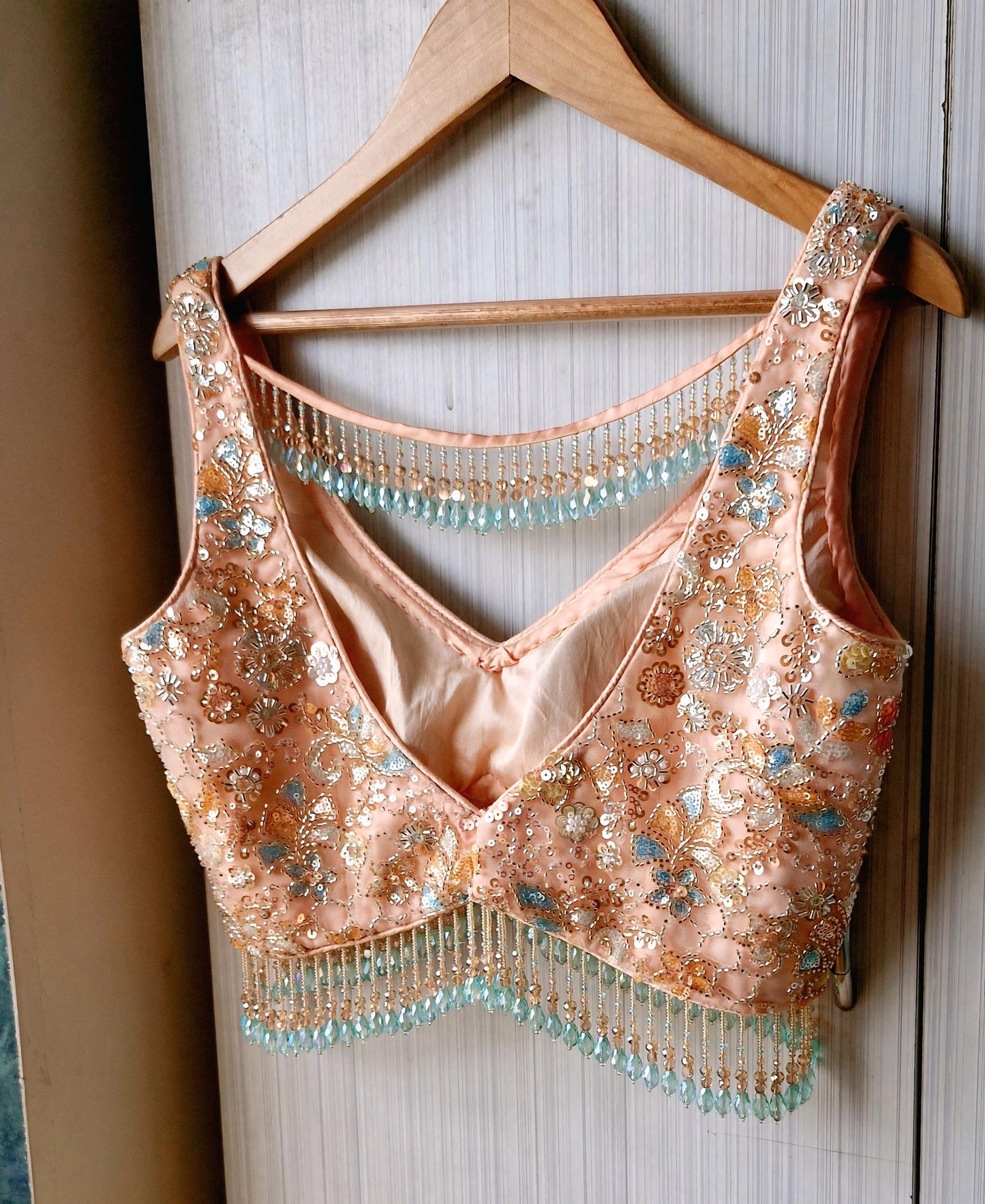 Peach Embroidered Net Saree Blouse, Beads Fringes, Deep V Neck DVBL_504