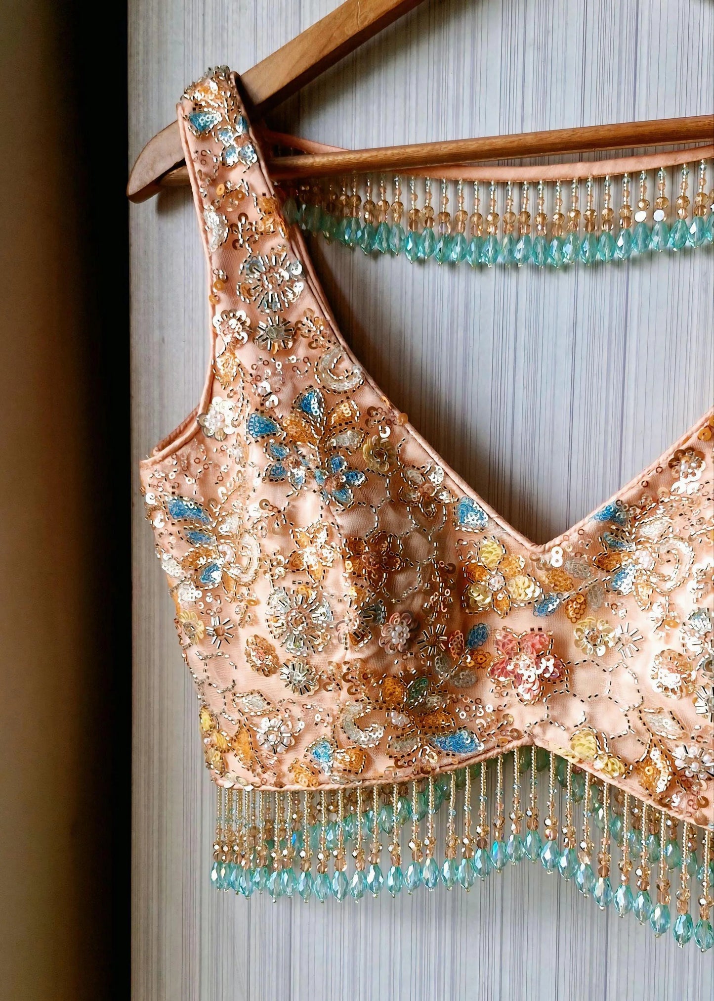 Peach Embroidered Net Saree Blouse, Beads Fringes, Deep V Neck DVBL_504