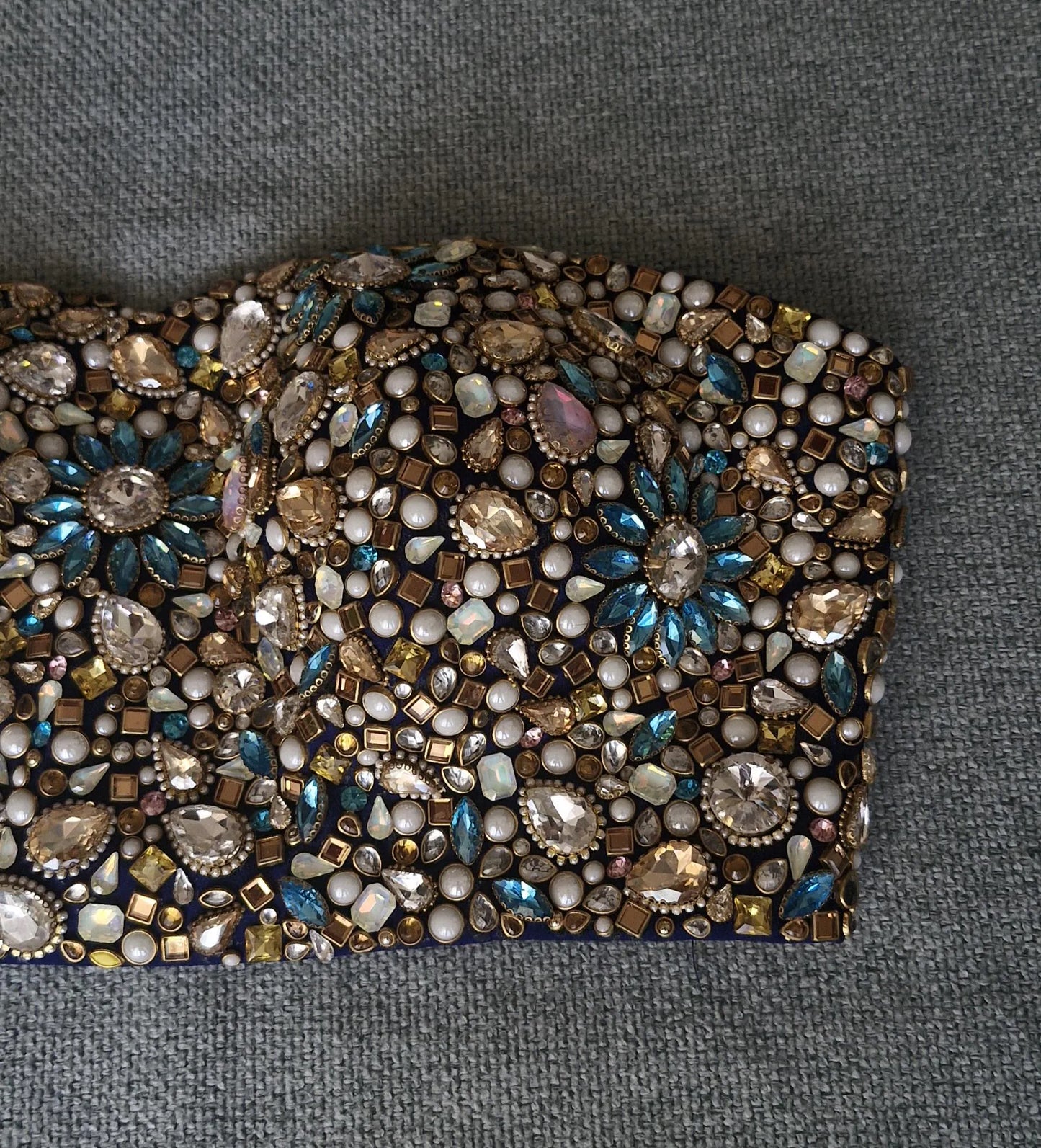 Hand Embroidered Bejeweled Blouse, Kundan Embellished. Blue, Strapless Bralette DVBL_502