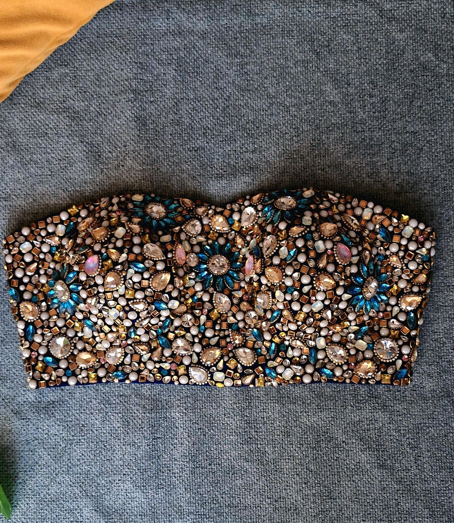 Hand Embroidered Bejeweled Blouse, Kundan Embellished. Blue, Strapless Bralette DVBL_502