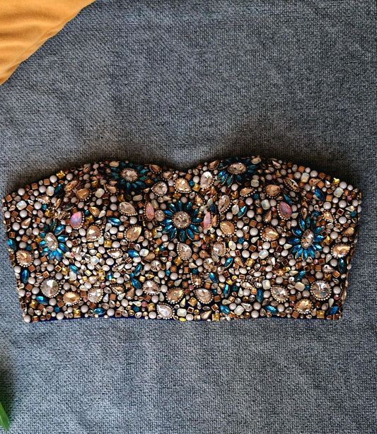 Hand Embroidered Bejeweled Blouse, Kundan Embellished. Blue, Strapless Bralette DVBL_502