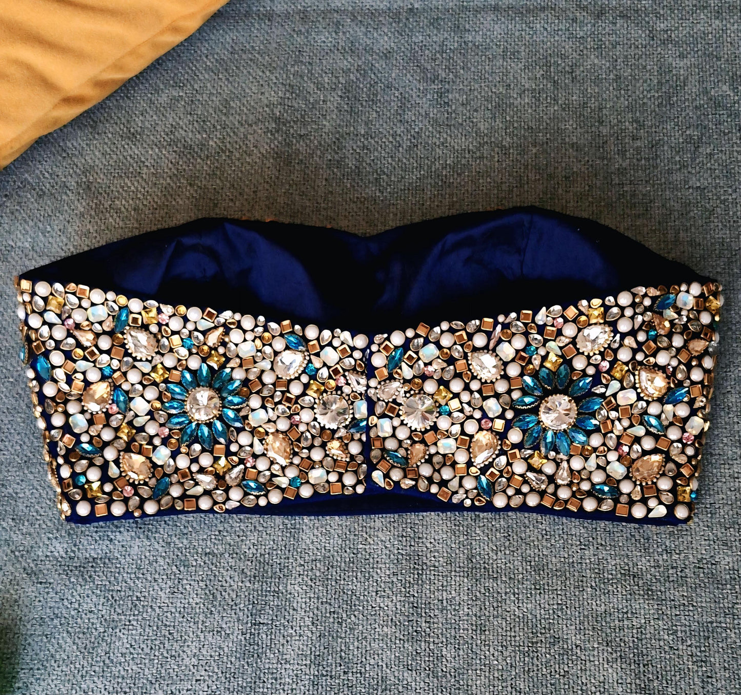 Hand Embroidered Bejeweled Blouse, Kundan Embellished. Blue, Strapless Bralette DVBL_502